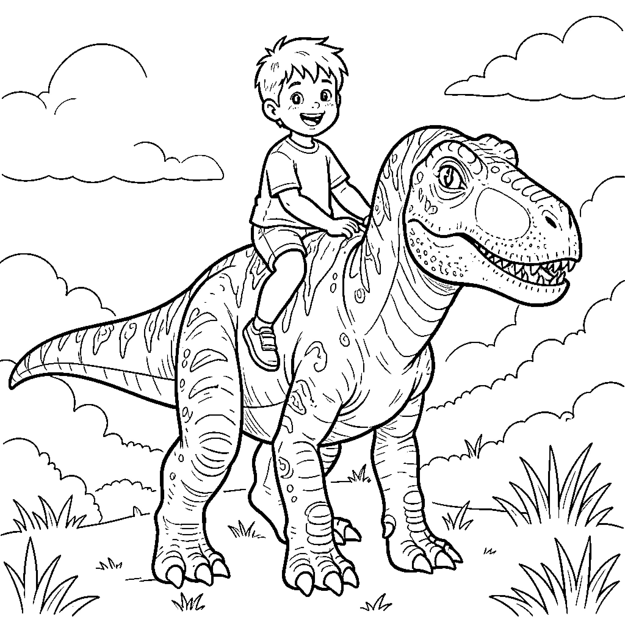 Dino boy riding a playful dinosaur Coloring Page (free black-and-white line drawing printable PDF for all, from beginners to advanced learners, including children, teens, adults, and seniors)