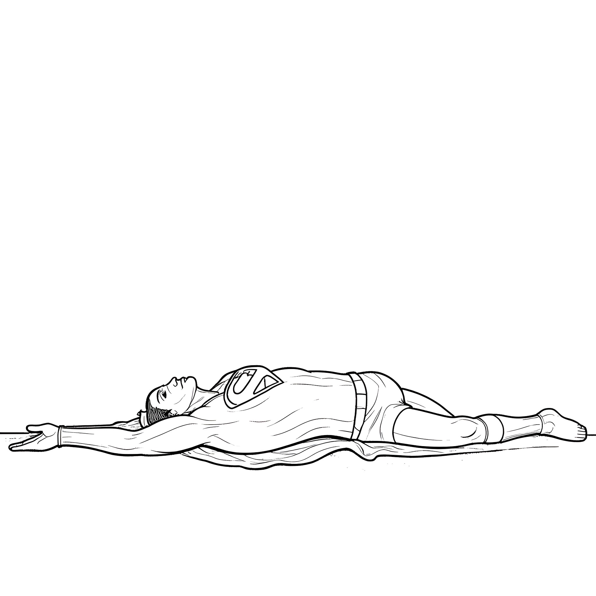 Superman resting in tranquil repose Coloring Page (free black-and-white line drawing printable PDF for all, from beginners to advanced learners, including children, teens, adults, and seniors)