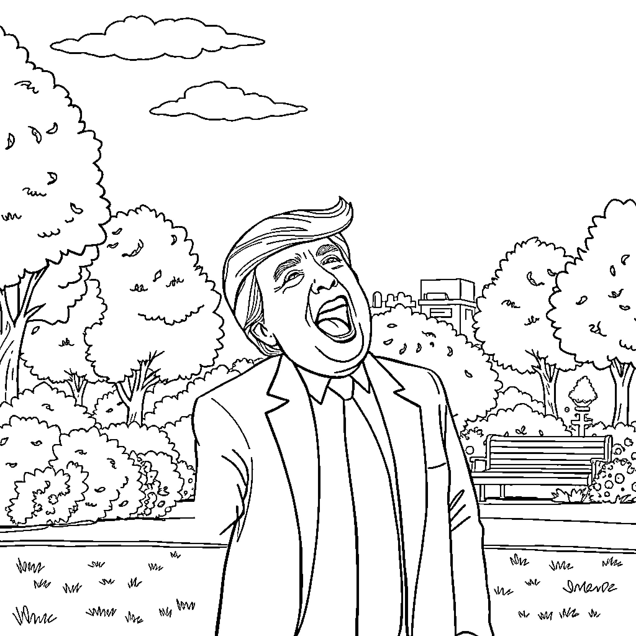 Trump Laughing Boisterously in Park Scenery Coloring Page (free black-and-white line drawing printable PDF for all, from beginners to advanced learners, including children, teens, adults, and seniors)