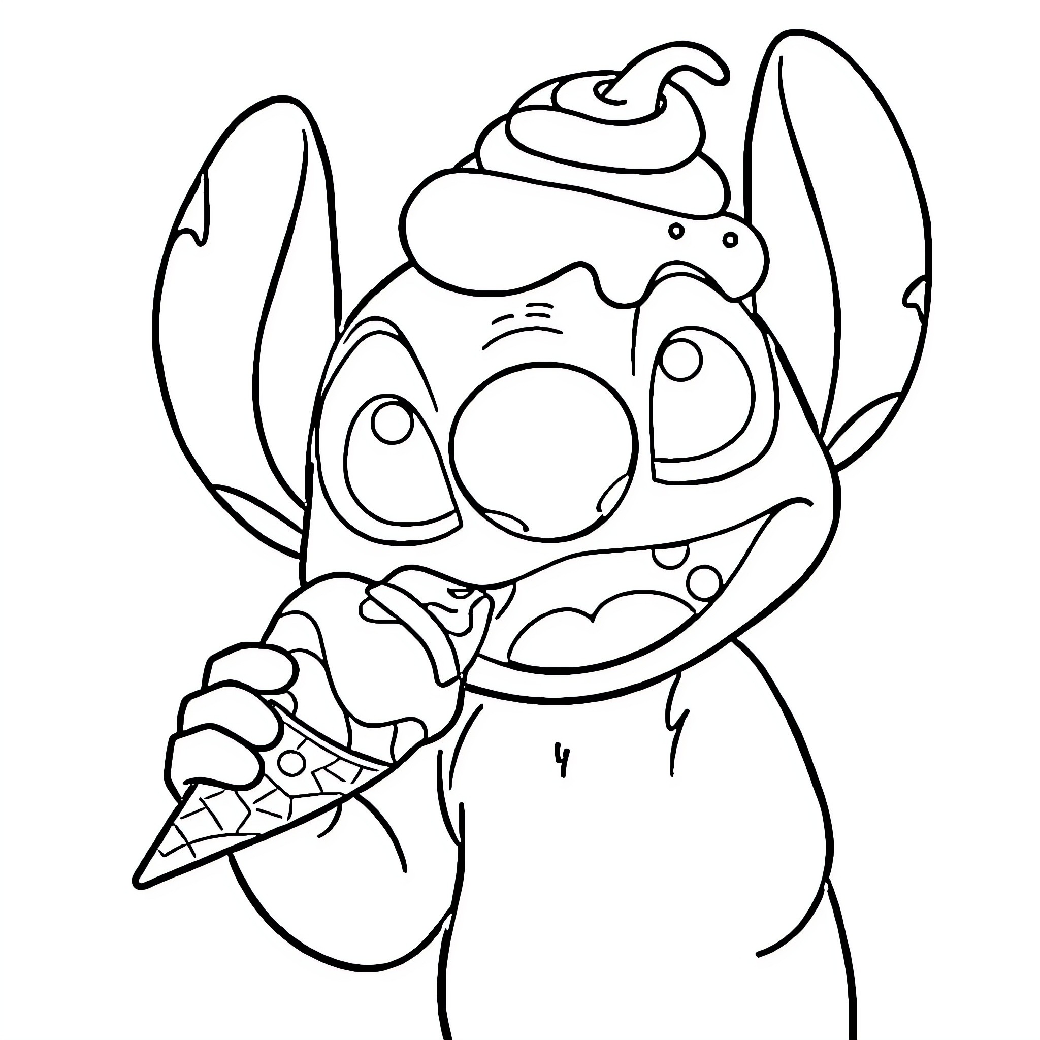 Stitch eating an ice cream cone Coloring Page (free black-and-white line drawing printable PDF for all, from beginners to advanced learners, including children, teens, adults, and seniors)