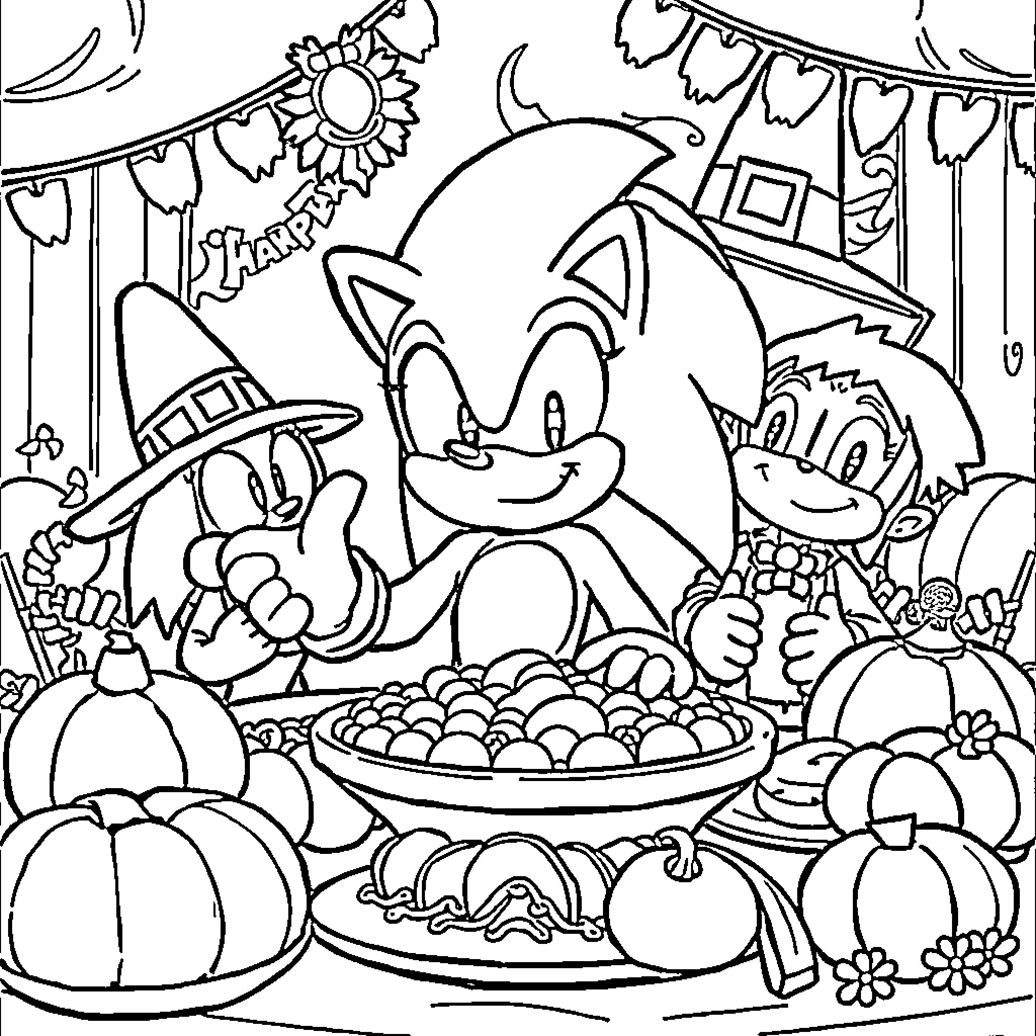 Sonic and Friends Celebrate Harvest Festival Coloring Page (free black-and-white line drawing printable PDF for all, from beginners to advanced learners, including children, teens, adults, and seniors)