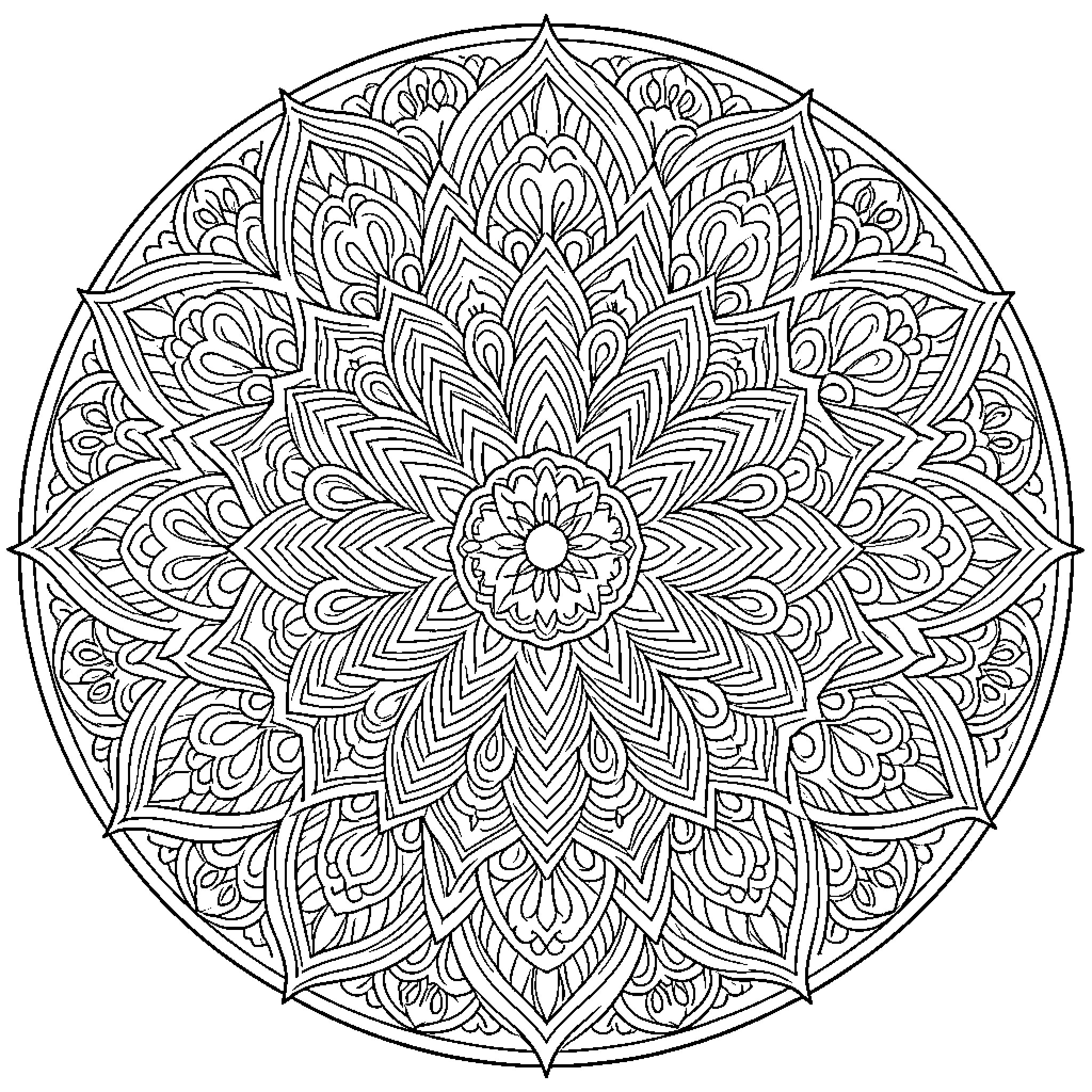 Mandala featuring intricate floral and geometric petal patterns Coloring Page (free black-and-white line drawing printable PDF for all, from beginners to advanced learners, including children, teens, adults, and seniors)