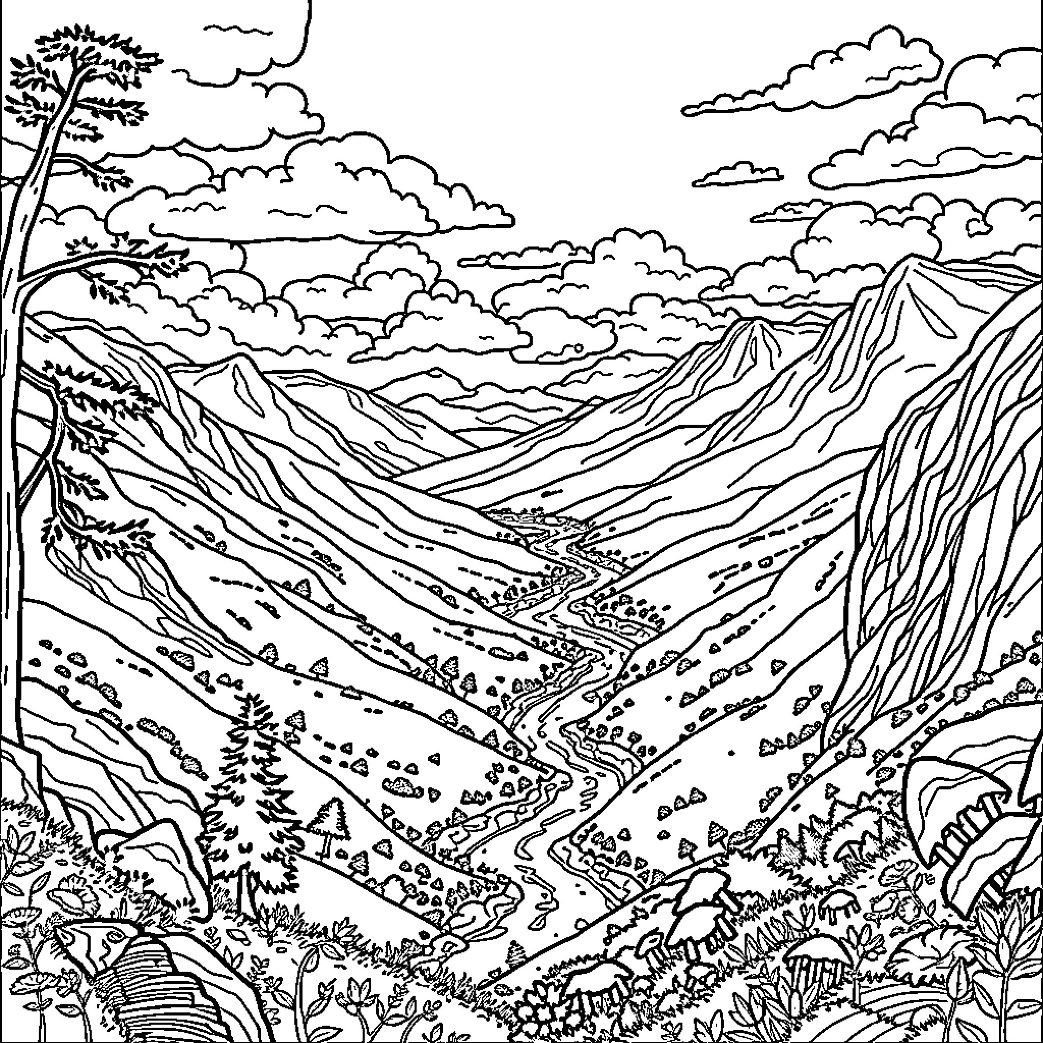 Abraham's Peaceful Mountain Escape Coloring Page (free black-and-white line drawing printable PDF for all, from beginners to advanced learners, including children, teens, adults, and seniors)