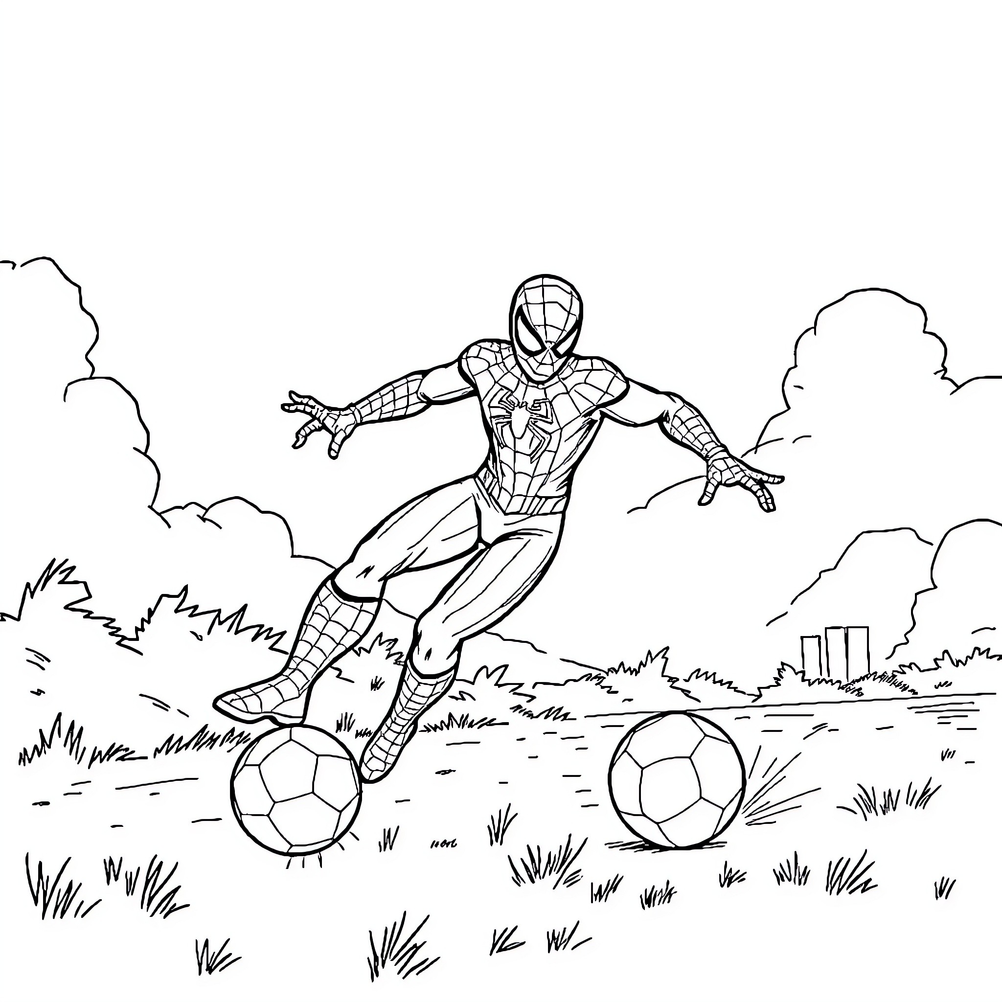 Spider-Man Dribbling Soccer Balls on the Field Coloring Page (free black-and-white line drawing printable PDF for all, from beginners to advanced learners, including children, teens, adults, and seniors)