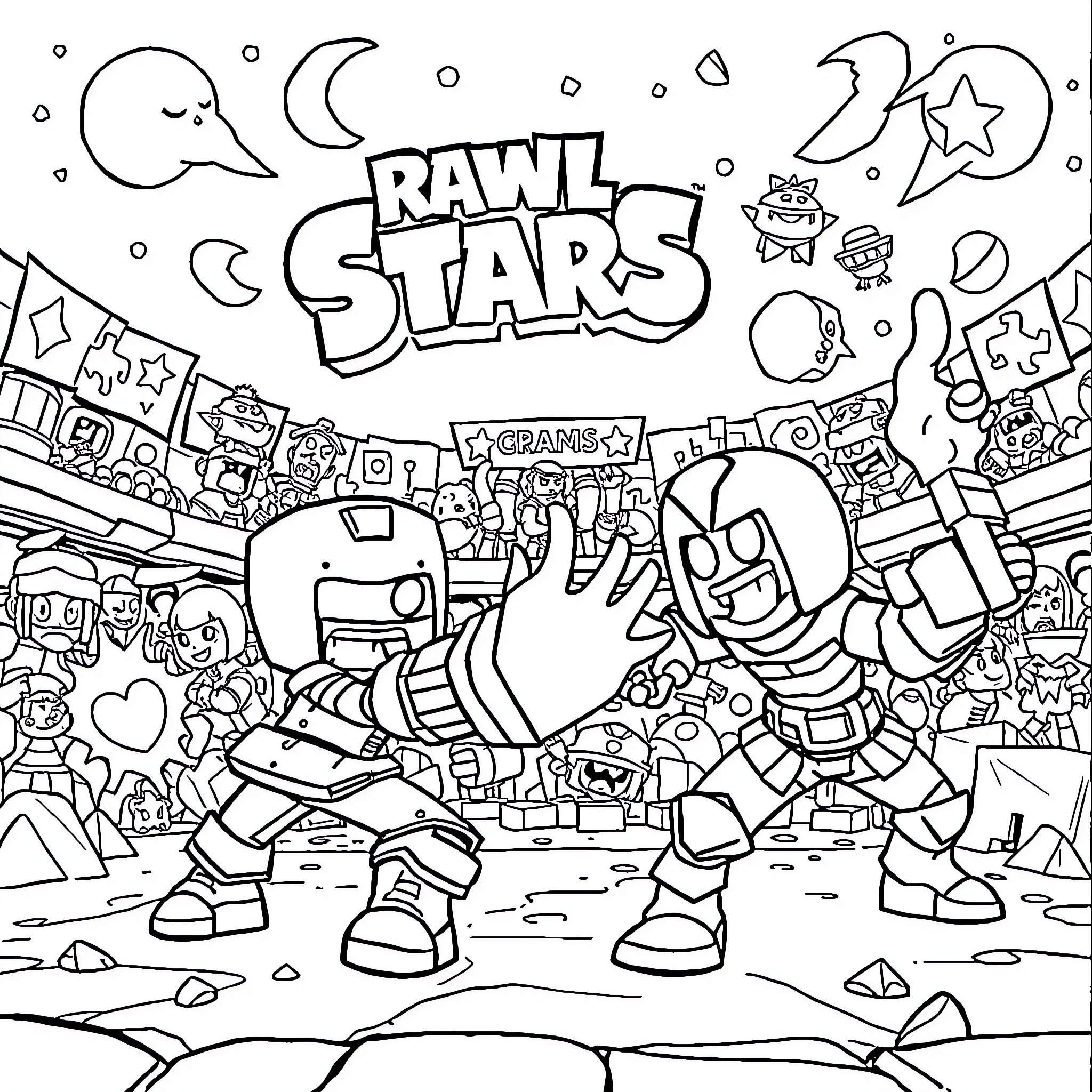 Brawl Stars: Characters Engaged in Fierce Battle Coloring Page (free black-and-white line drawing printable PDF for all, from beginners to advanced learners, including children, teens, adults, and seniors)