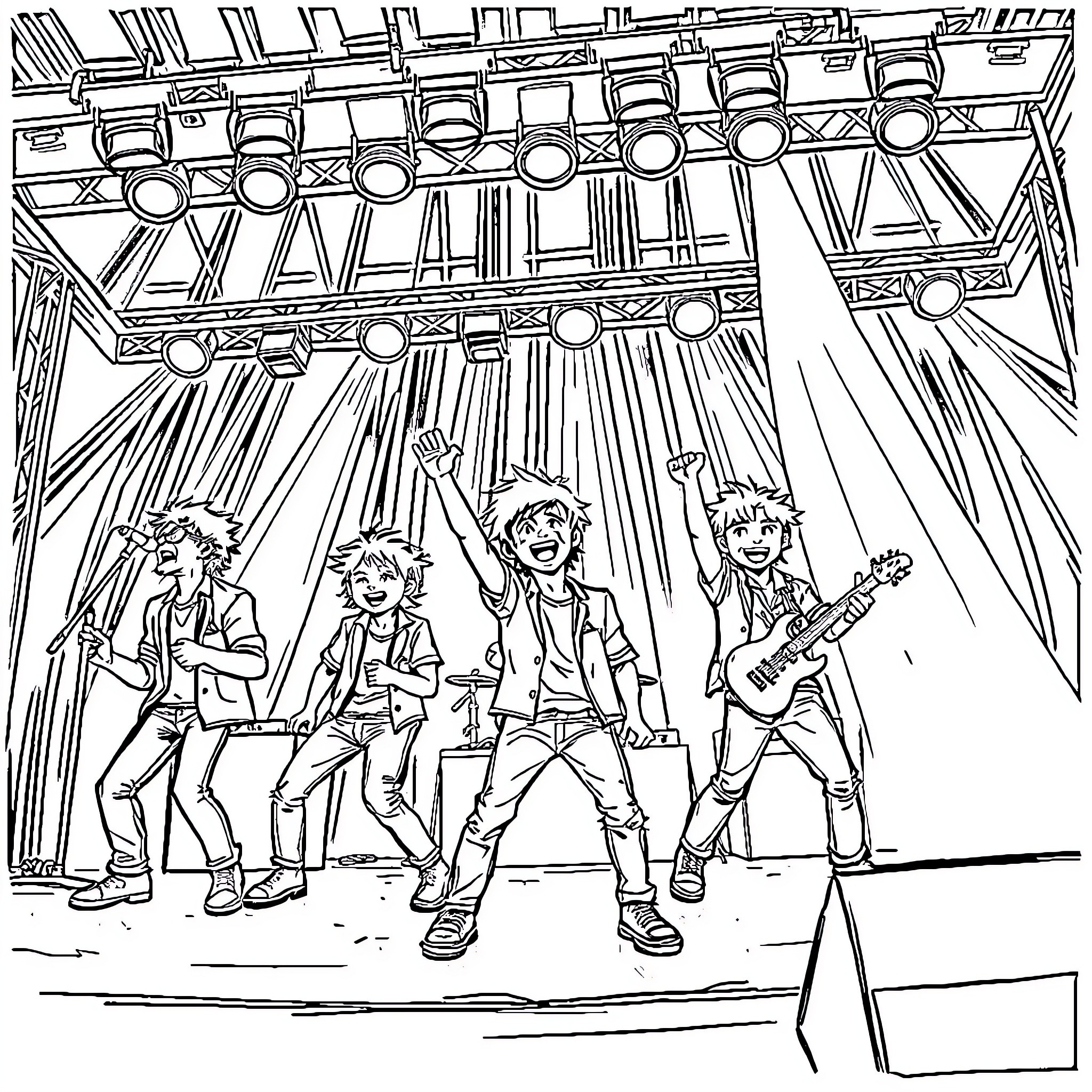 Stray Kids Rocking the Stage with Energy and Passion Coloring Page (free black-and-white line drawing printable PDF for all, from beginners to advanced learners, including children, teens, adults, and seniors)