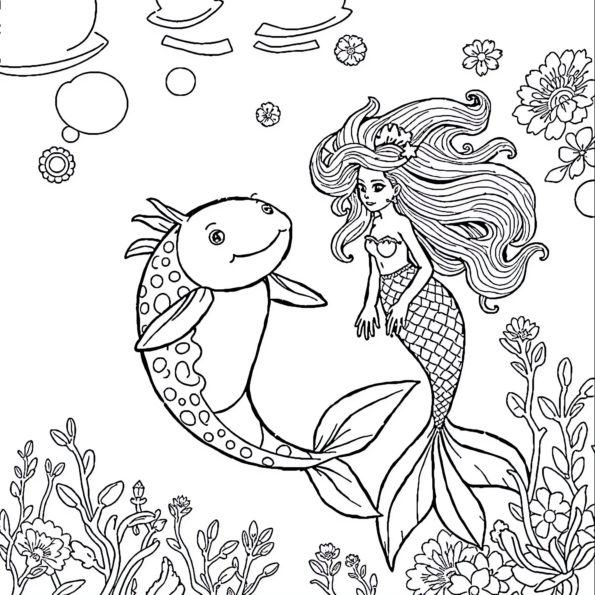 Axolotl and Mermaid in Underwater Garden Coloring Page (free black-and-white line drawing printable PDF for all, from beginners to advanced learners, including children, teens, adults, and seniors)