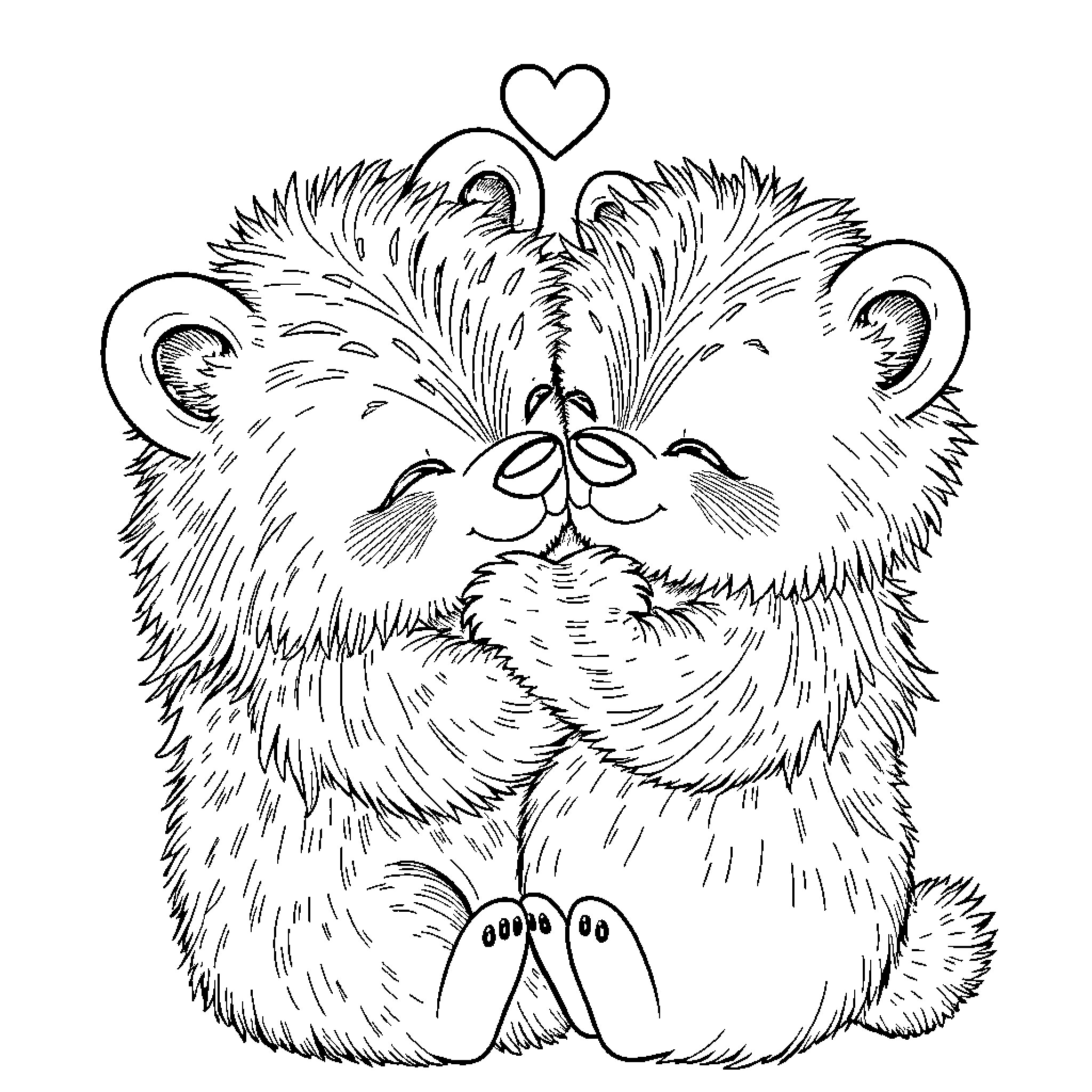 Love and Cuddles of Fuzzy Teddy Bears Coloring Page (free black-and-white line drawing printable PDF for all, from beginners to advanced learners, including children, teens, adults, and seniors)