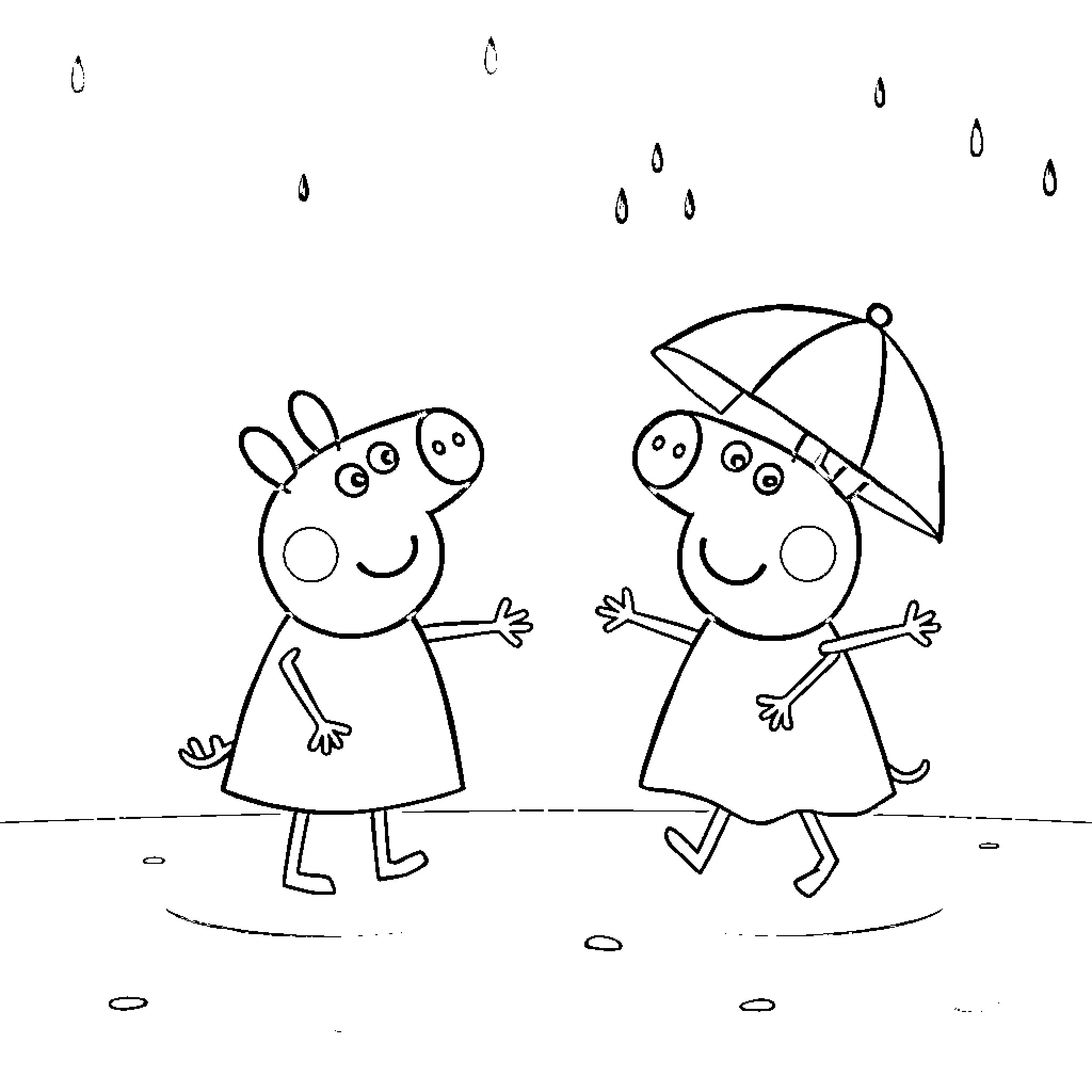 Peppa Pig and friends playing in the rain Coloring Page (free black-and-white line drawing printable PDF for all, from beginners to advanced learners, including children, teens, adults, and seniors)