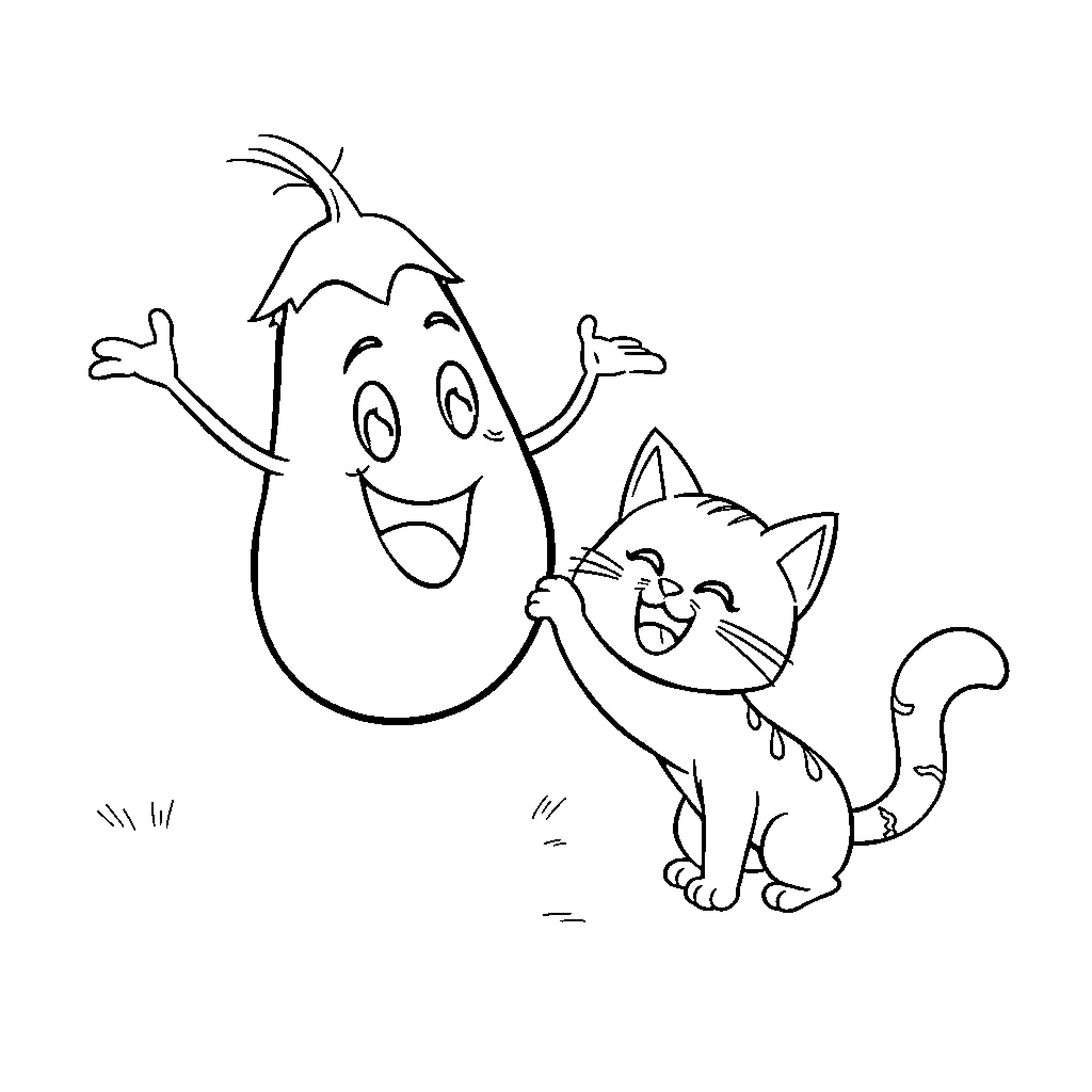 Eggplant and cat playing together happily Coloring Page (free black-and-white line drawing printable PDF for all, from beginners to advanced learners, including children, teens, adults, and seniors)