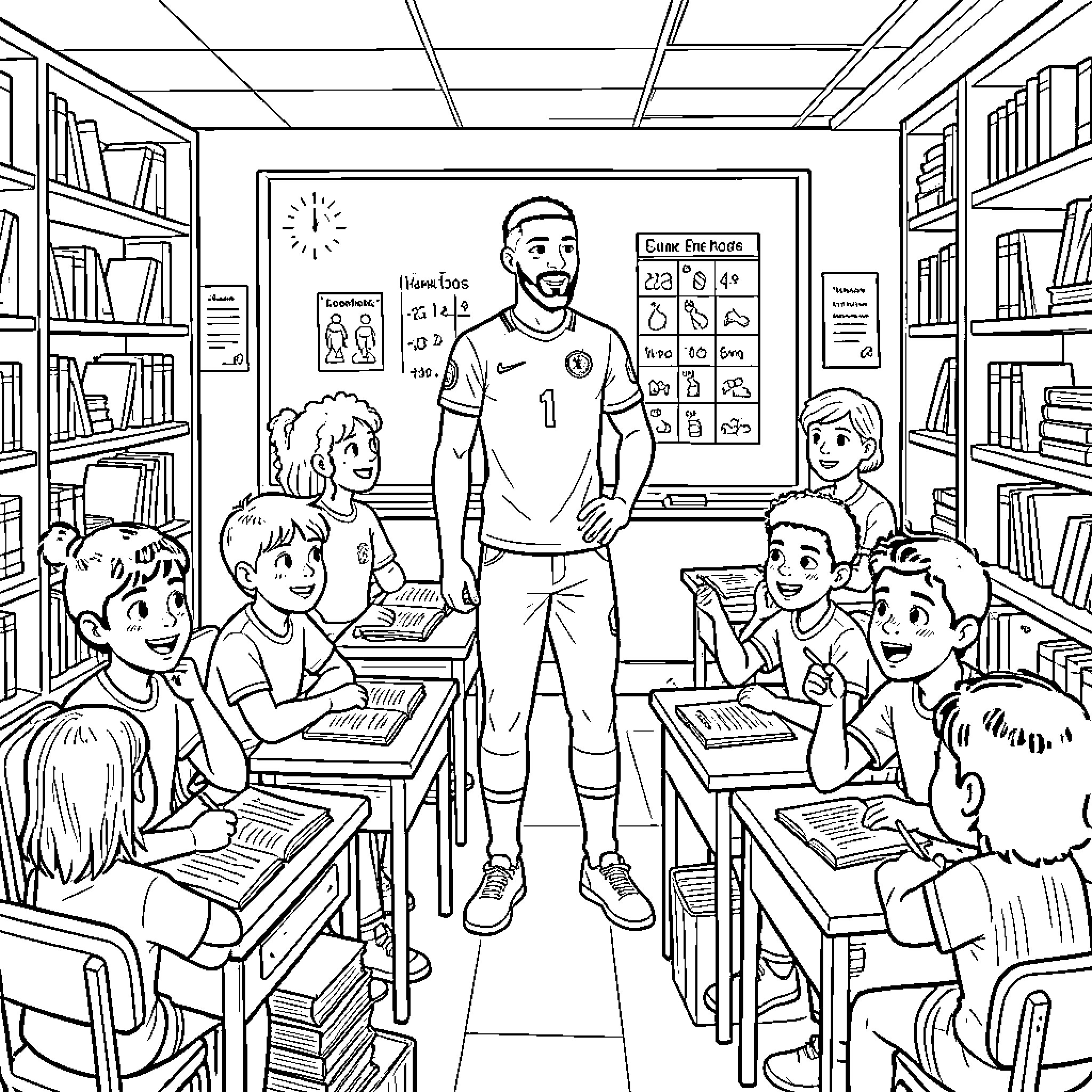 Mbappe teaching children in a classroom setting Coloring Page (free black-and-white line drawing printable PDF for all, from beginners to advanced learners, including children, teens, adults, and seniors)
