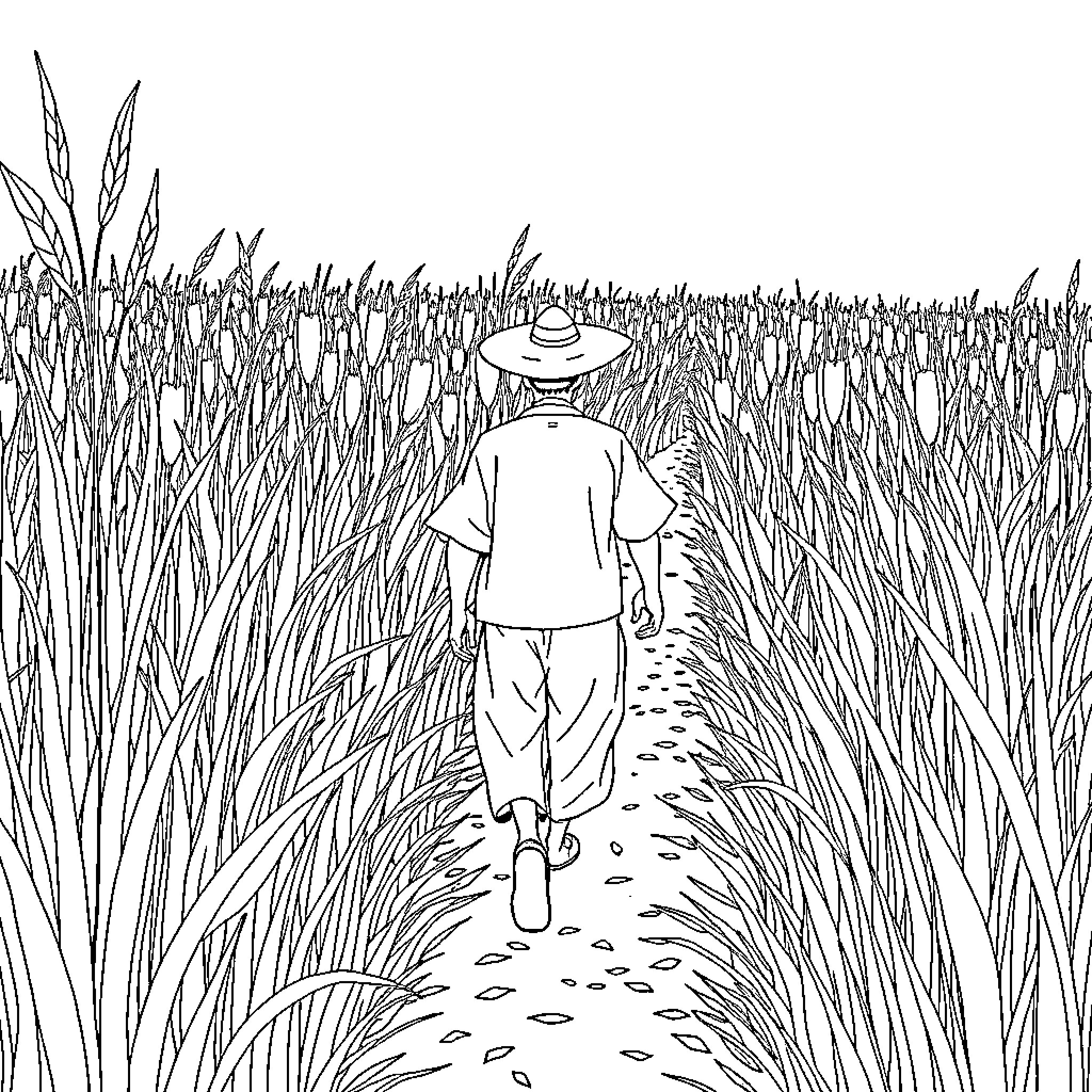 Tanjiro walking through the tall grass Coloring Page (free black-and-white line drawing printable PDF for all, from beginners to advanced learners, including children, teens, adults, and seniors)