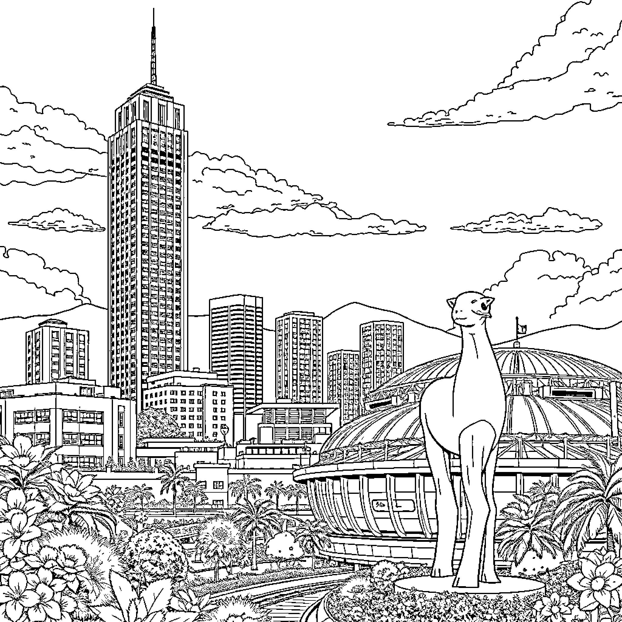 Medellin cityscape with iconic landmarks Coloring Page (free black-and-white line drawing printable PDF for all, from beginners to advanced learners, including children, teens, adults, and seniors)