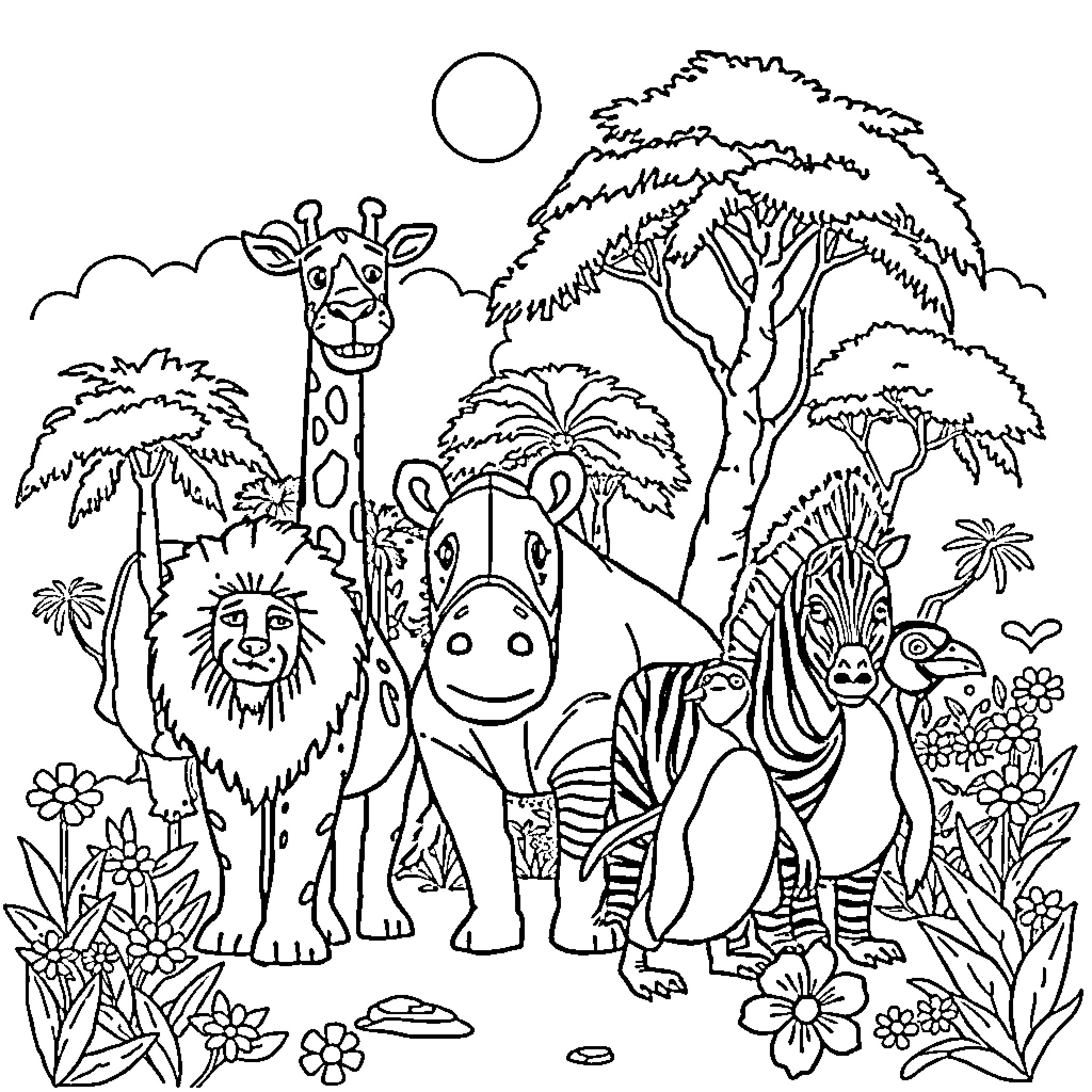 Animal gathering in the lush jungle landscape Coloring Page (free black-and-white line drawing printable PDF for all, from beginners to advanced learners, including children, teens, adults, and seniors)