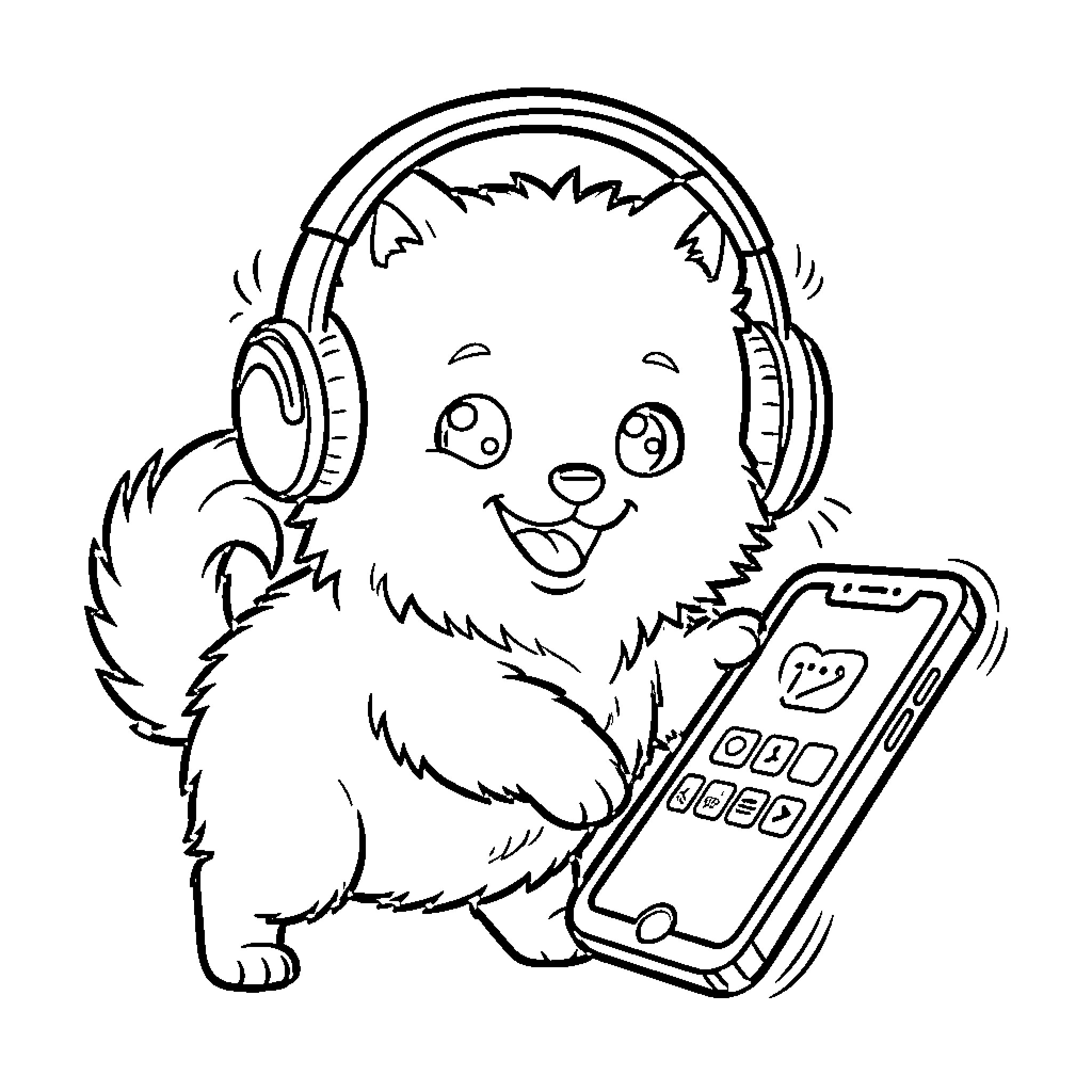 Perro enjoying music on smartphone with headphones Coloring Page (free black-and-white line drawing printable PDF for all, from beginners to advanced learners, including children, teens, adults, and seniors)