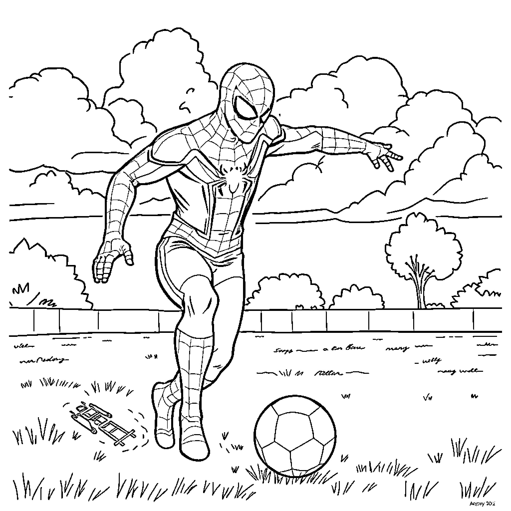 Spiderman playing soccer on the field Coloring Page (free black-and-white line drawing printable PDF for all, from beginners to advanced learners, including children, teens, adults, and seniors)
