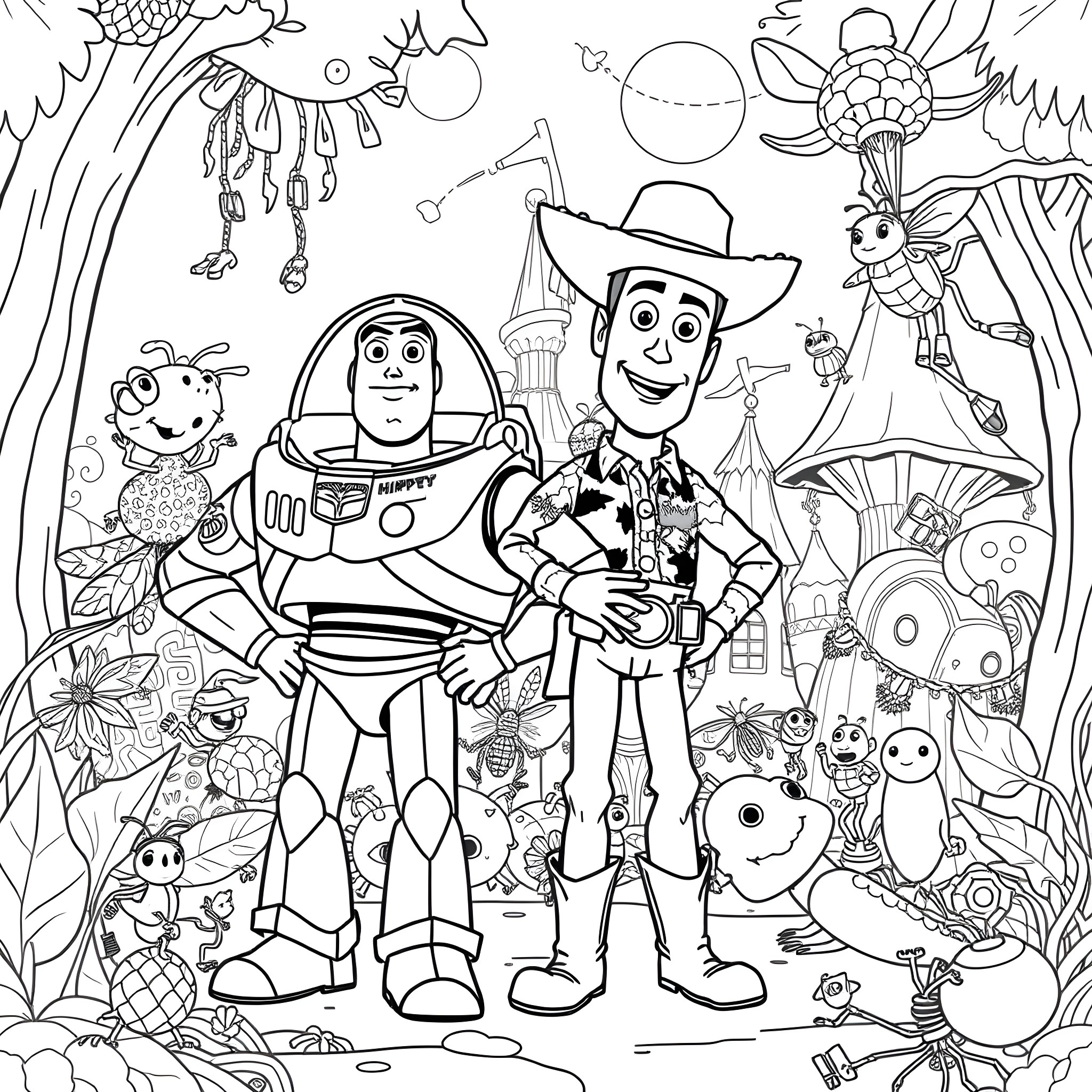 Buzz Lightyear and Woody in a whimsical fantasy world Coloring Page (free black-and-white line drawing printable PDF for all, from beginners to advanced learners, including children, teens, adults, and seniors)