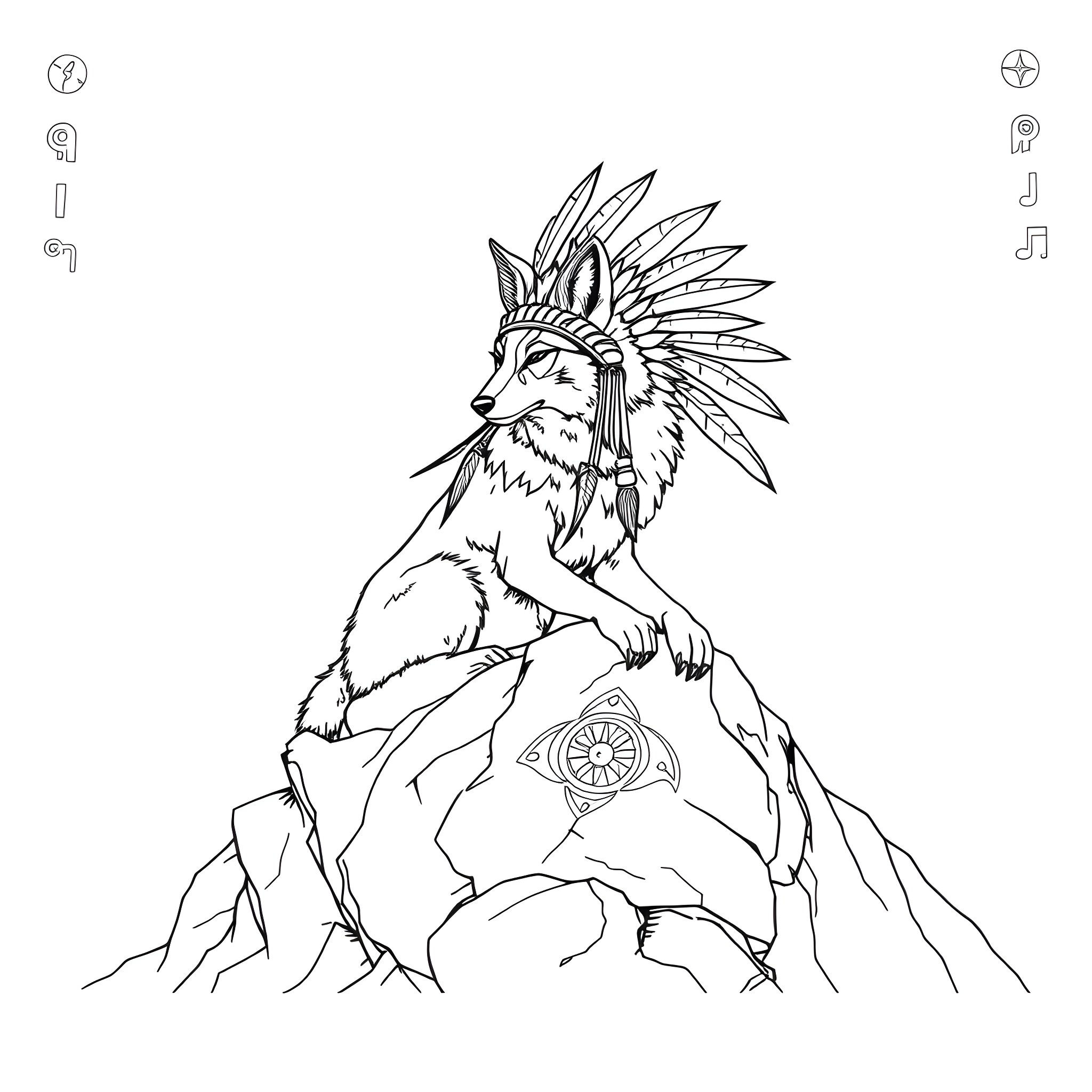 Coyote spirit in ceremonial headpiece atop a mountain Coloring Page (free black-and-white line drawing printable PDF for all, from beginners to advanced learners, including children, teens, adults, and seniors)