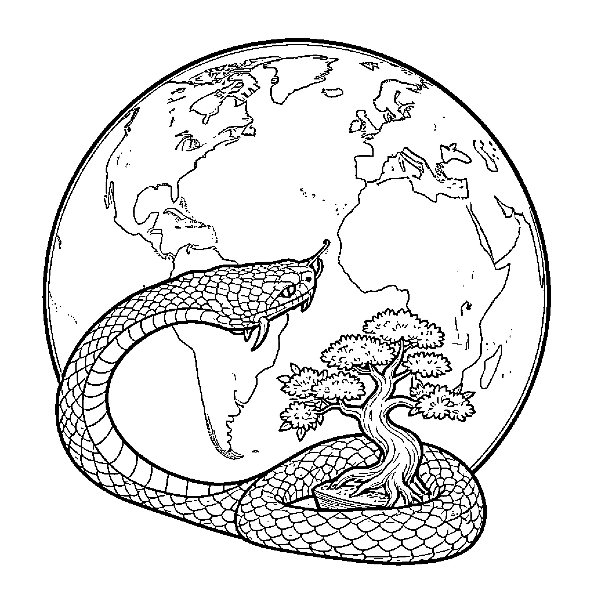 Cobra wrapped around world-shaped tree Coloring Page (free black-and-white line drawing printable PDF for all, from beginners to advanced learners, including children, teens, adults, and seniors)