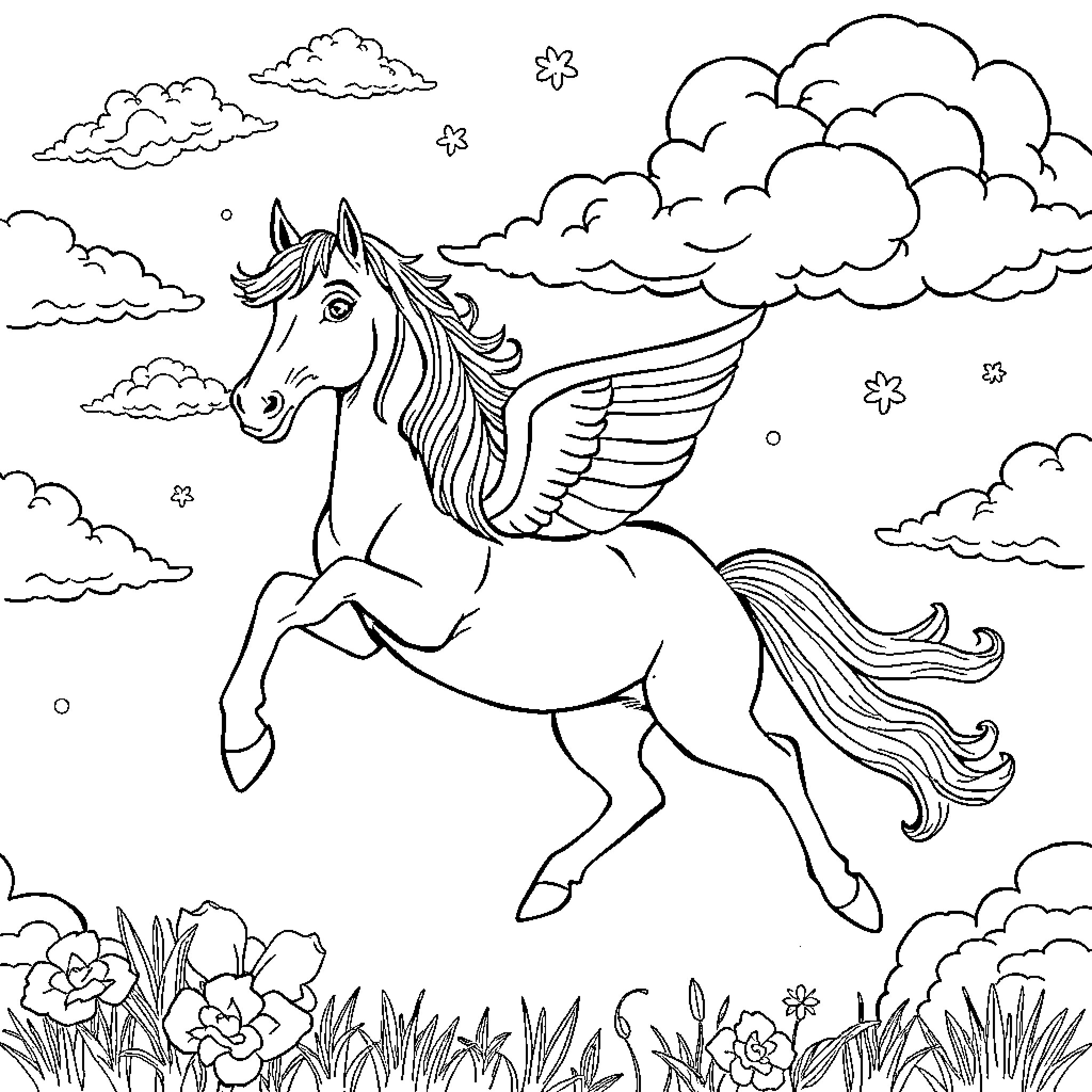 Horse with wings soaring through the clouds Coloring Page (free black-and-white line drawing printable PDF for all, from beginners to advanced learners, including children, teens, adults, and seniors)