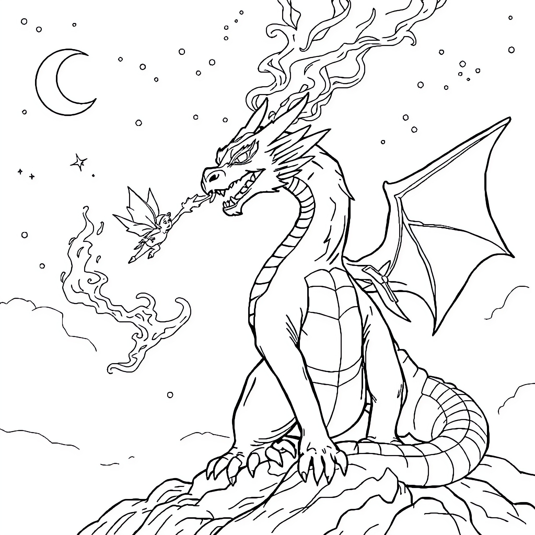 Dragon breathing fire in the night sky Coloring Page (free black-and-white line drawing printable PDF for all, from beginners to advanced learners, including children, teens, adults, and seniors)