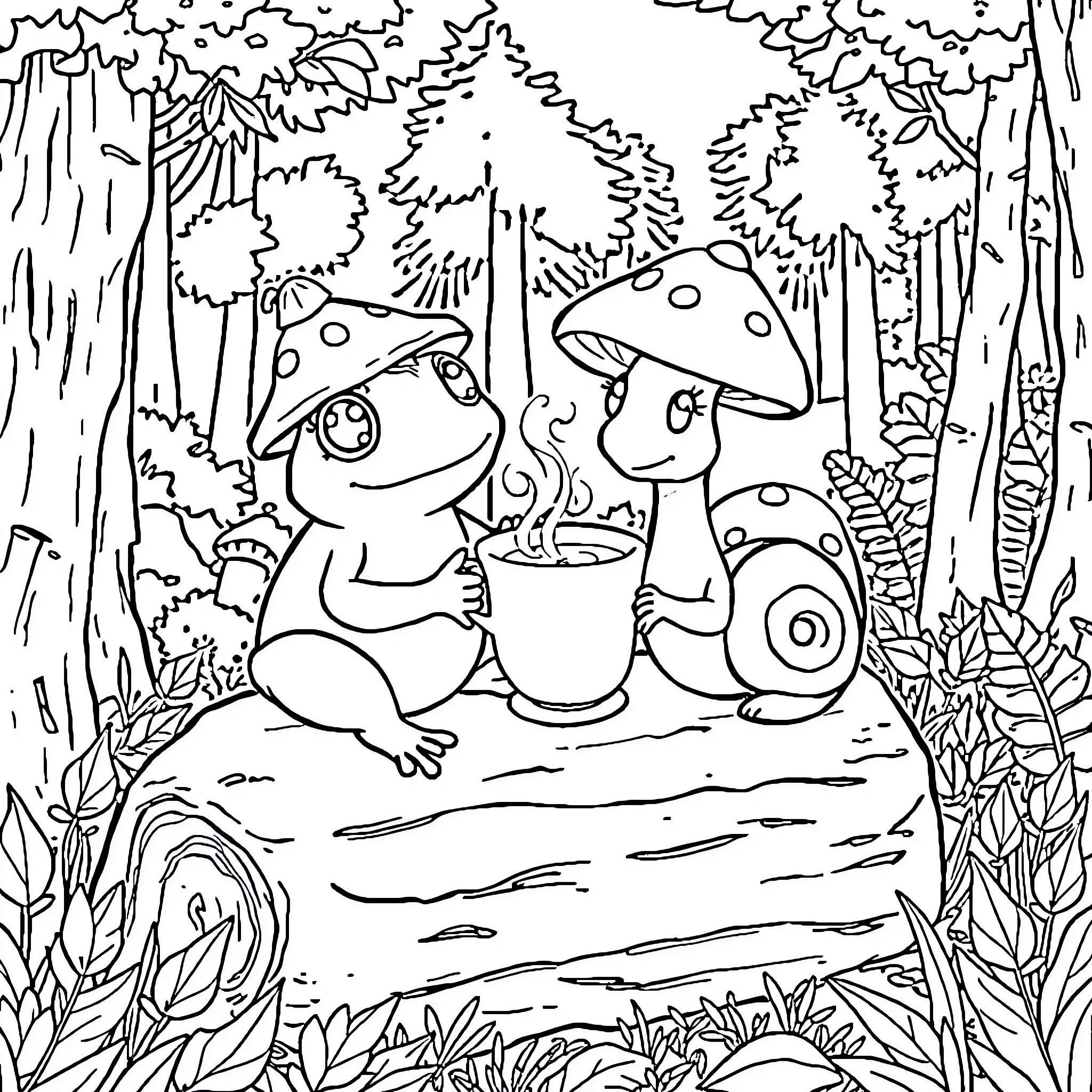 Toad friends enjoying a day in the forest Coloring Page (free black-and-white line drawing printable PDF for all, from beginners to advanced learners, including children, teens, adults, and seniors)