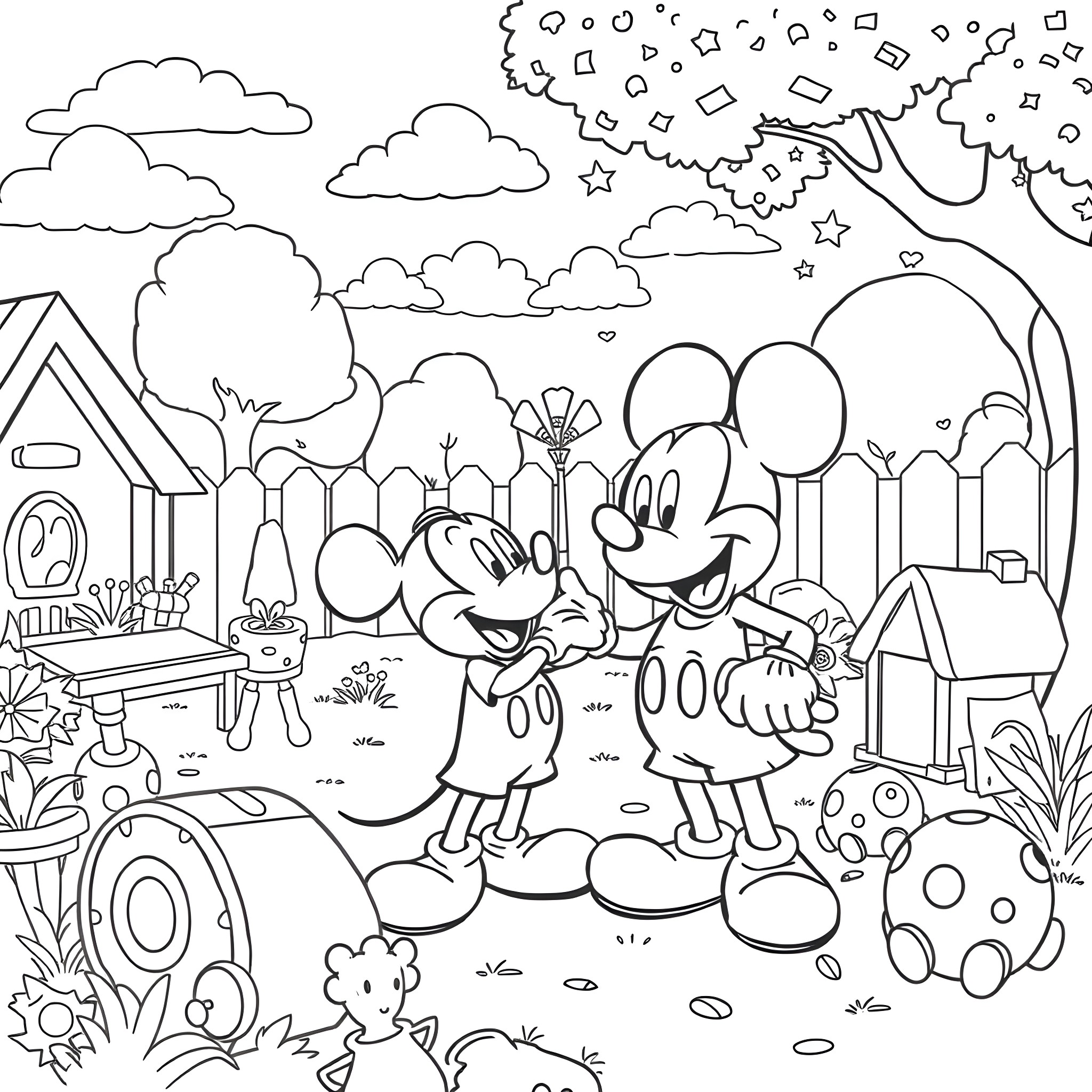 Mickey Mouse and friends having fun in the park Coloring Page (free black-and-white line drawing printable PDF for all, from beginners to advanced learners, including children, teens, adults, and seniors)