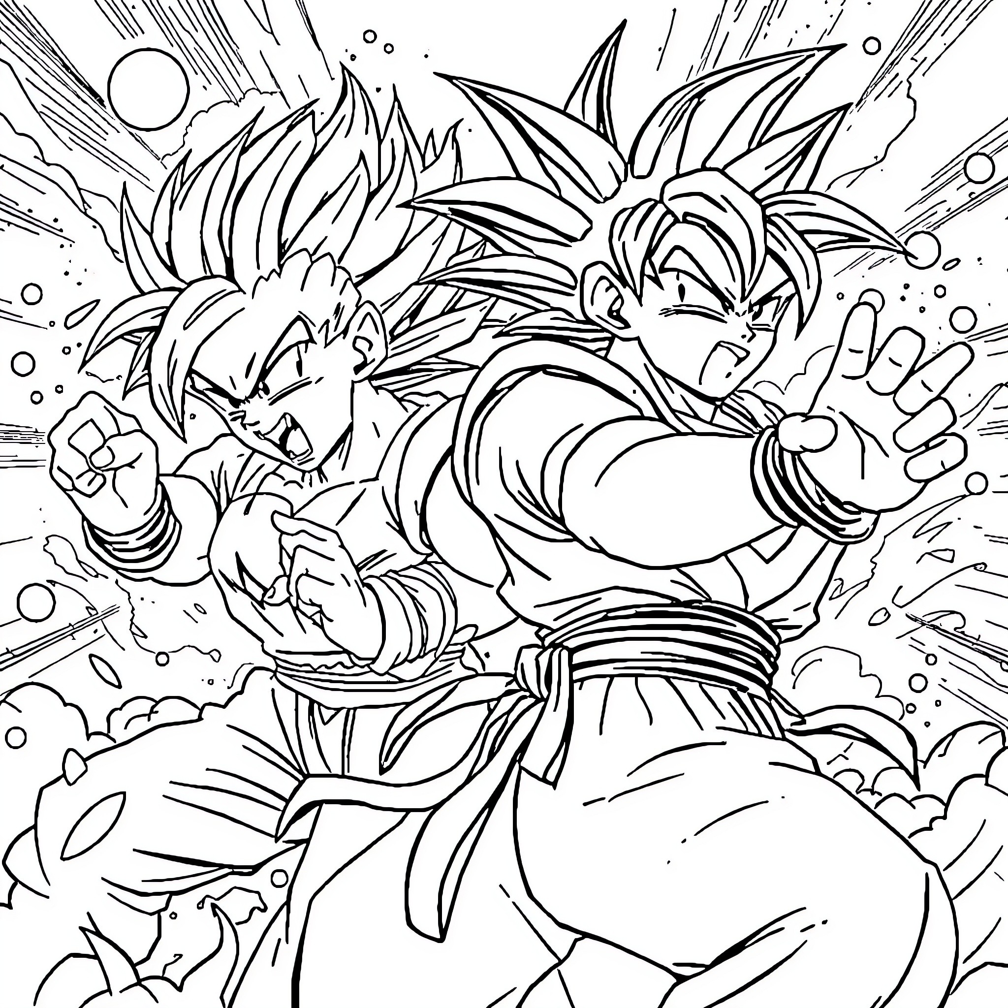 Dragon Ball Z Intense Fight Scene Coloring Page (free black-and-white line drawing printable PDF for all, from beginners to advanced learners, including children, teens, adults, and seniors)