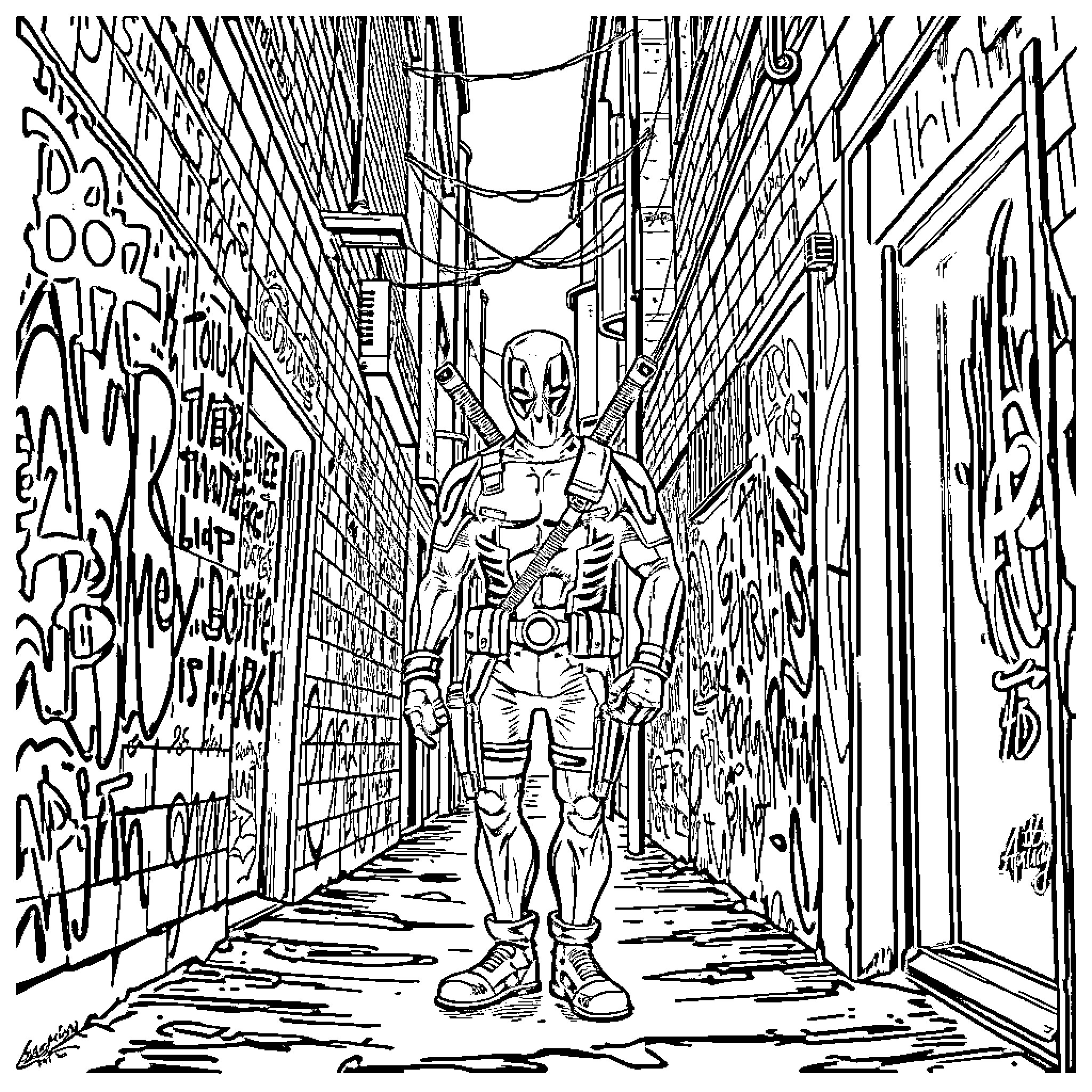 Deadpool in a Graffiti-Filled Urban Alley Coloring Page (free black-and-white line drawing printable PDF for all, from beginners to advanced learners, including children, teens, adults, and seniors)