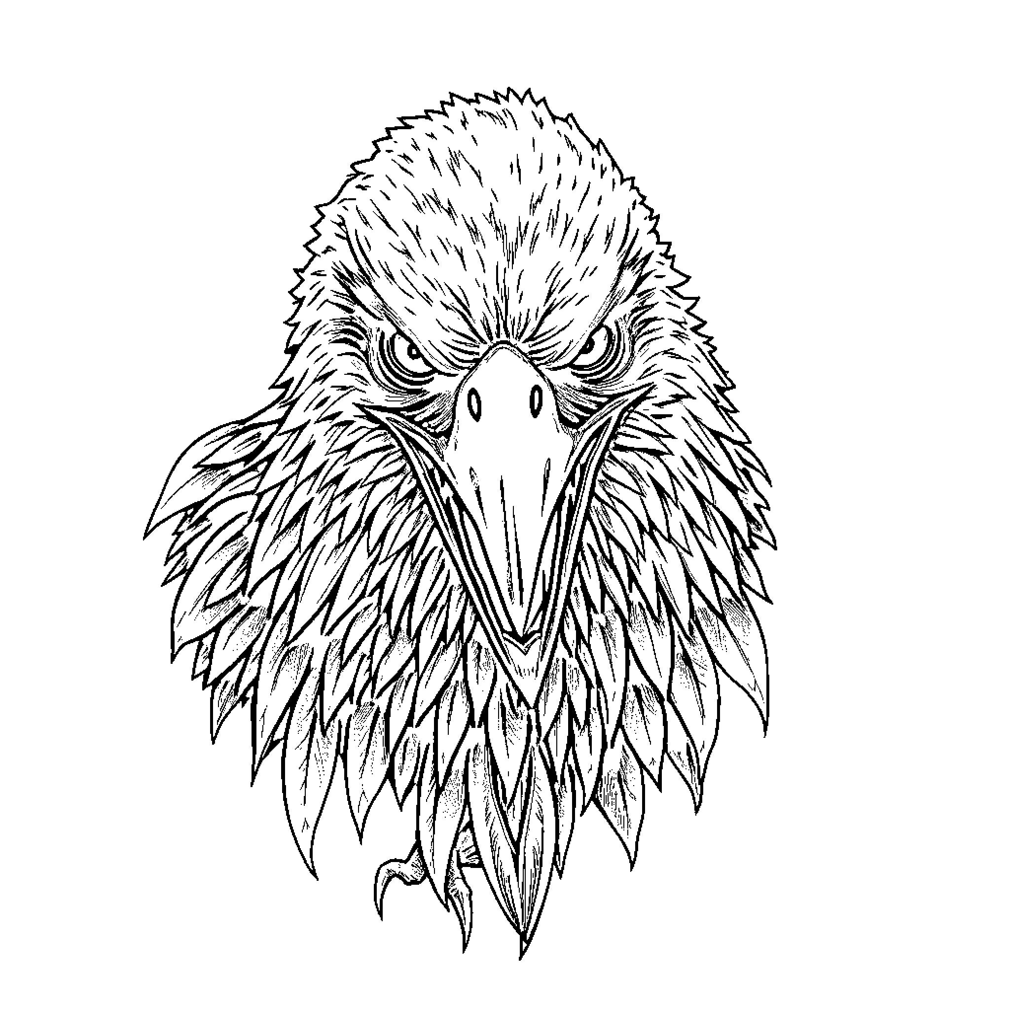 Eagle with fierce expression and detailed feathers Coloring Page (free black-and-white line drawing printable PDF for all, from beginners to advanced learners, including children, teens, adults, and seniors)