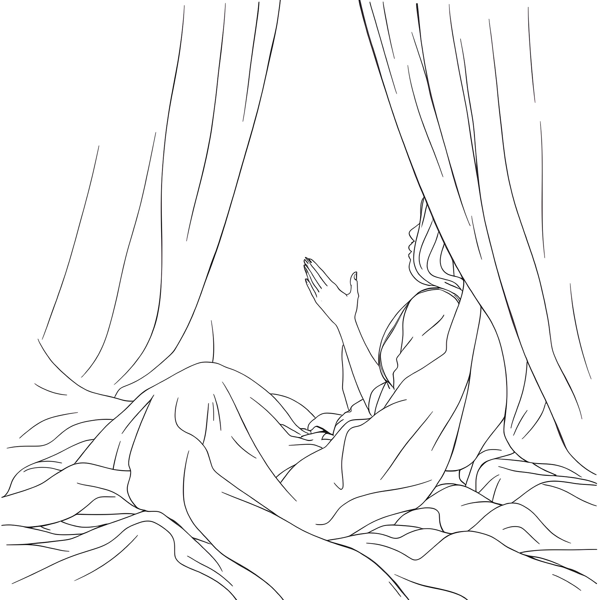 Girl resting peacefully in the forest Coloring Page (free black-and-white line drawing printable PDF for all, from beginners to advanced learners, including children, teens, adults, and seniors)