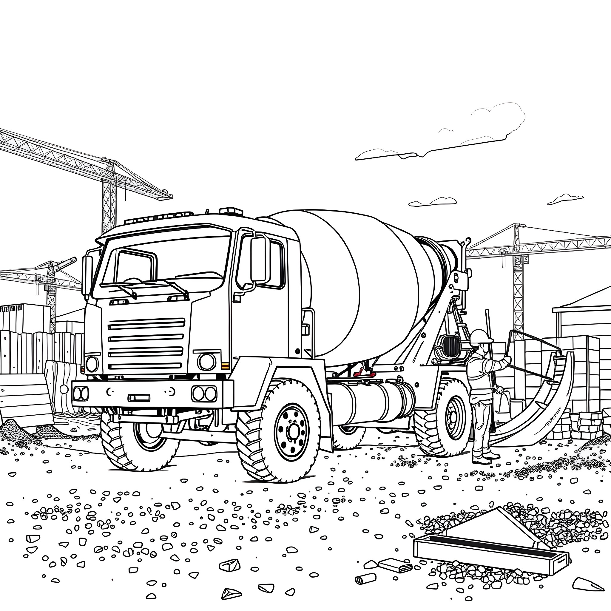 Mixer Truck at Construction Site Coloring Page (free black-and-white line drawing printable PDF for all, from beginners to advanced learners, including children, teens, adults, and seniors)