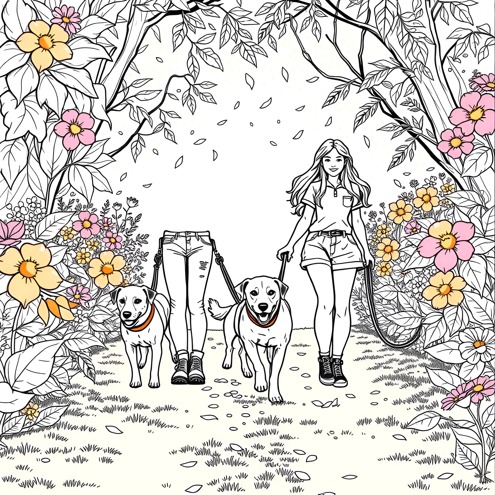 Girl walking her dogs in a flowery forest Coloring Page (free black-and-white line drawing printable PDF for all, from beginners to advanced learners, including children, teens, adults, and seniors)