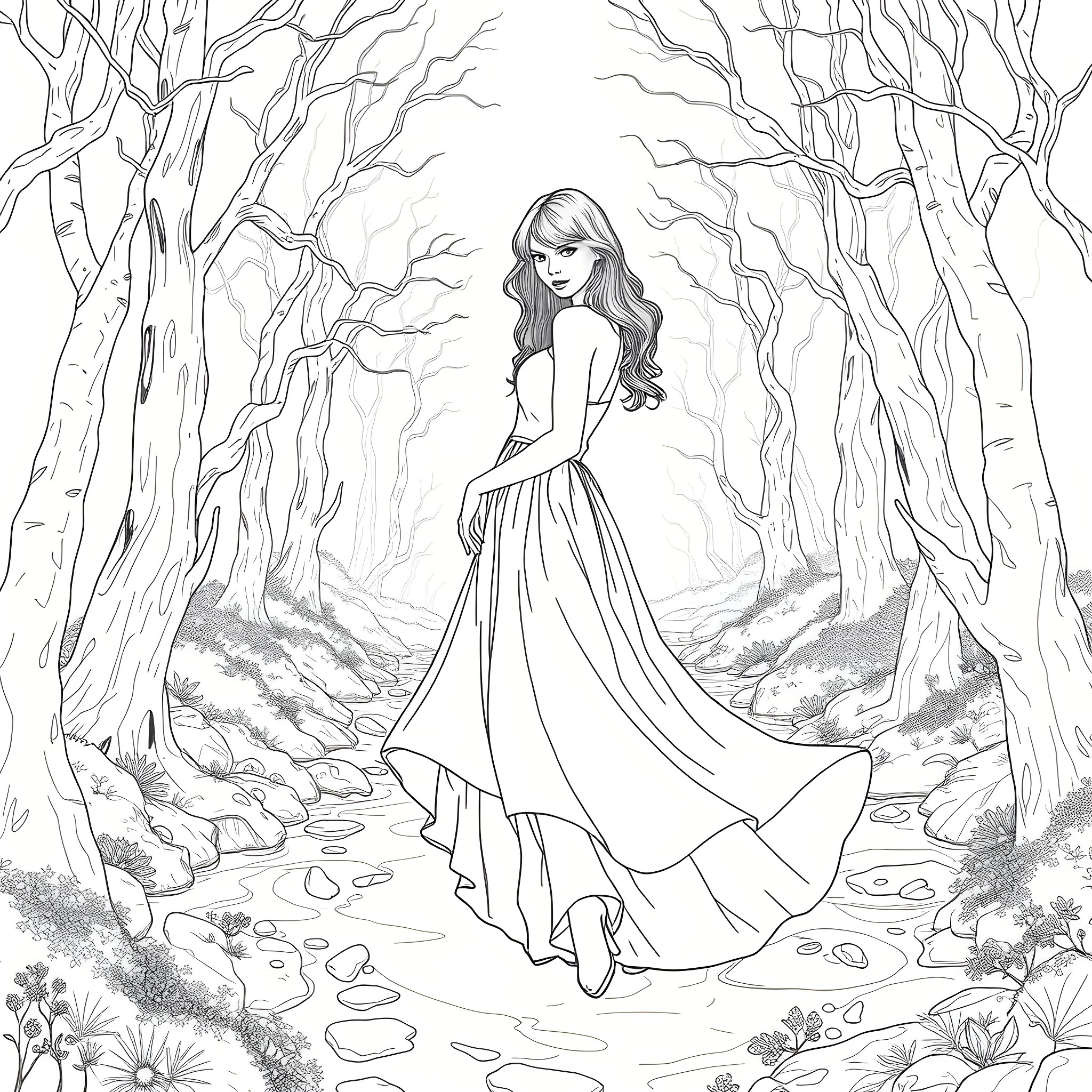 Taylor Swift's enchanting journey through the enchanted forest Coloring Page (free black-and-white line drawing printable PDF for all, from beginners to advanced learners, including children, teens, adults, and seniors)