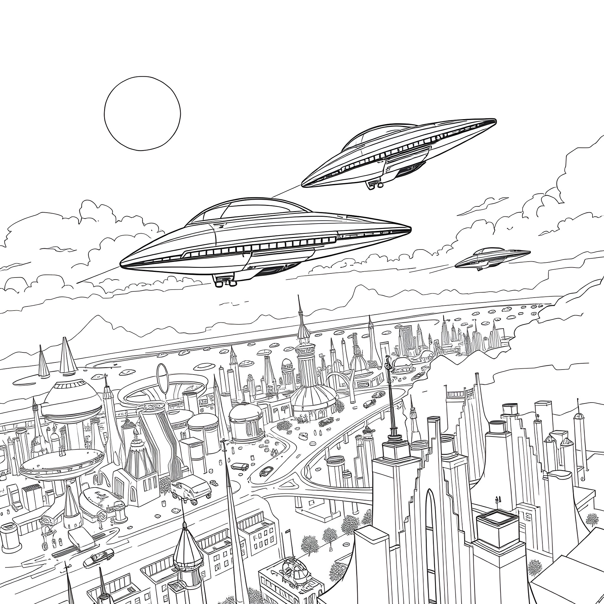 Hover Cars Soaring Over a Futuristic City Skyline Coloring Page (free black-and-white line drawing printable PDF for all, from beginners to advanced learners, including children, teens, adults, and seniors)