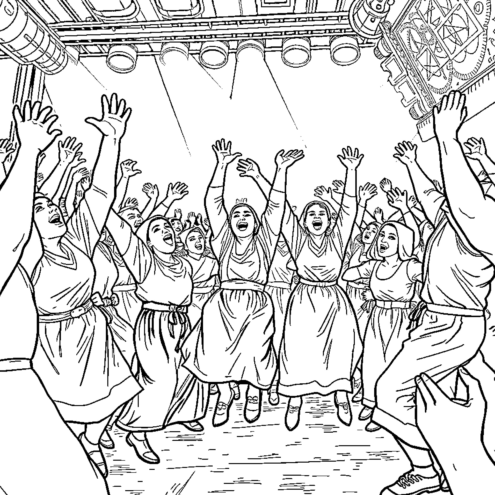 Amish community gathering with raised hands Coloring Page (free black-and-white line drawing printable PDF for all, from beginners to advanced learners, including children, teens, adults, and seniors)