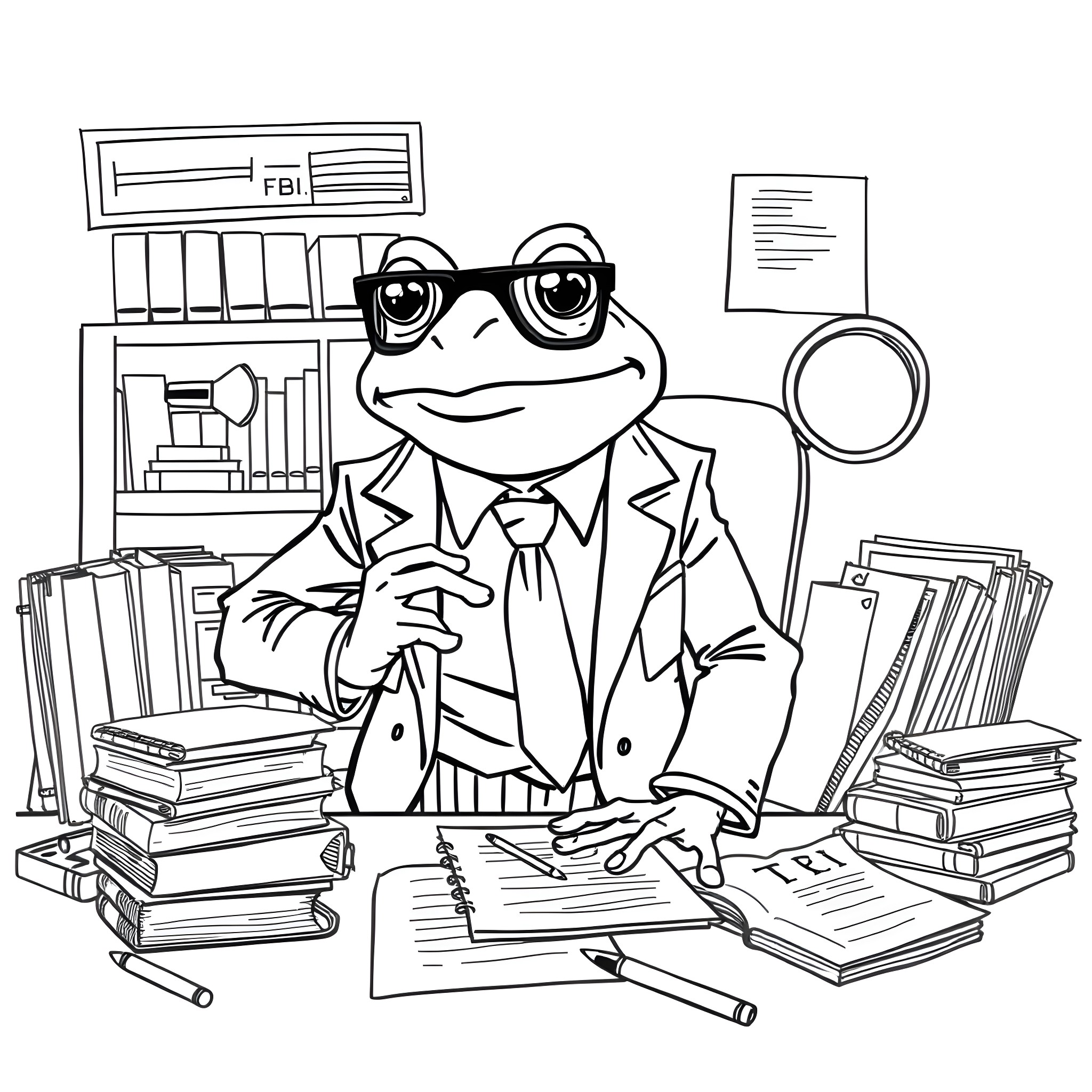Frog agent working in the office Coloring Page (free black-and-white line drawing printable PDF for all, from beginners to advanced learners, including children, teens, adults, and seniors)