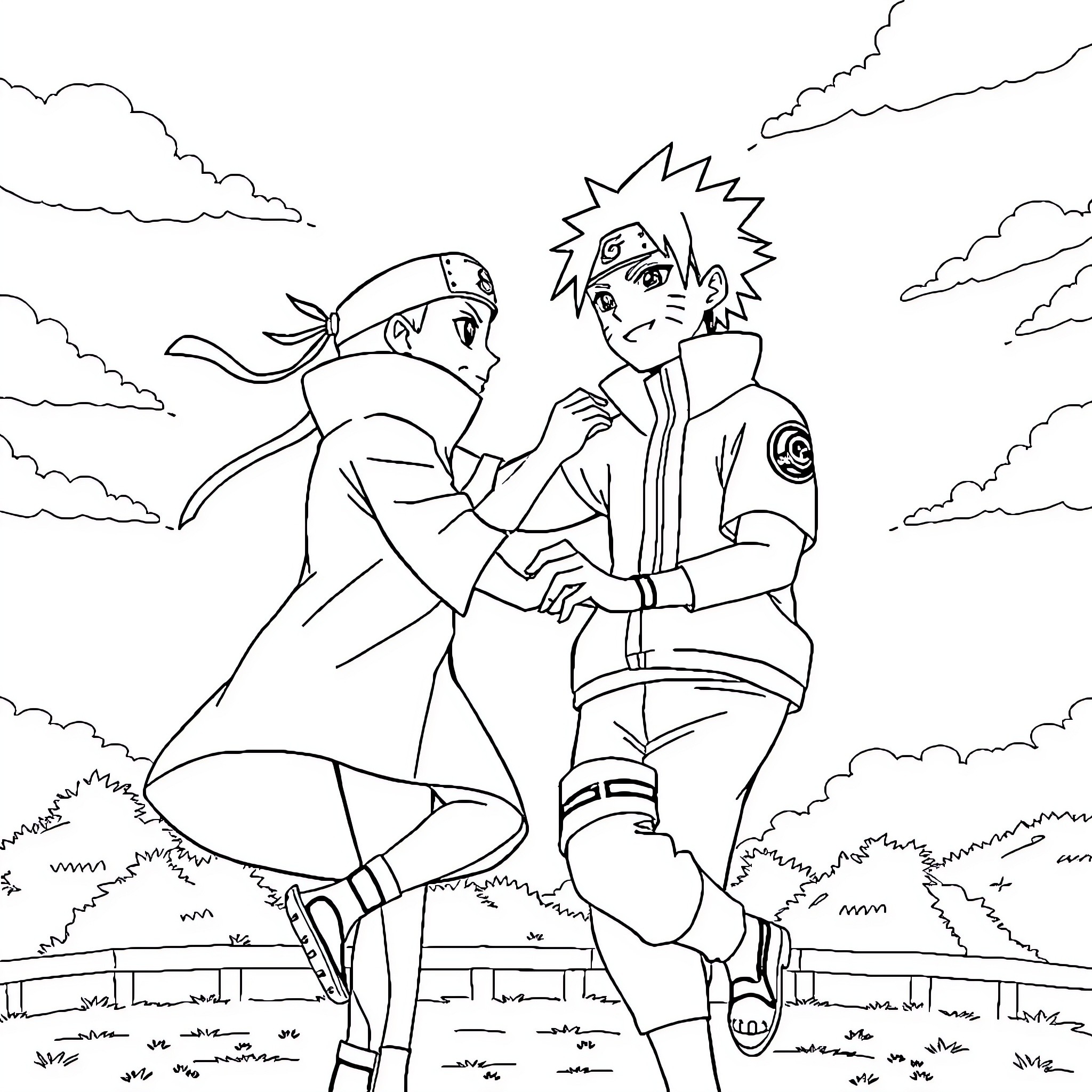 Naruto characters in an action scene Coloring Page (free black-and-white line drawing printable PDF for all, from beginners to advanced learners, including children, teens, adults, and seniors)