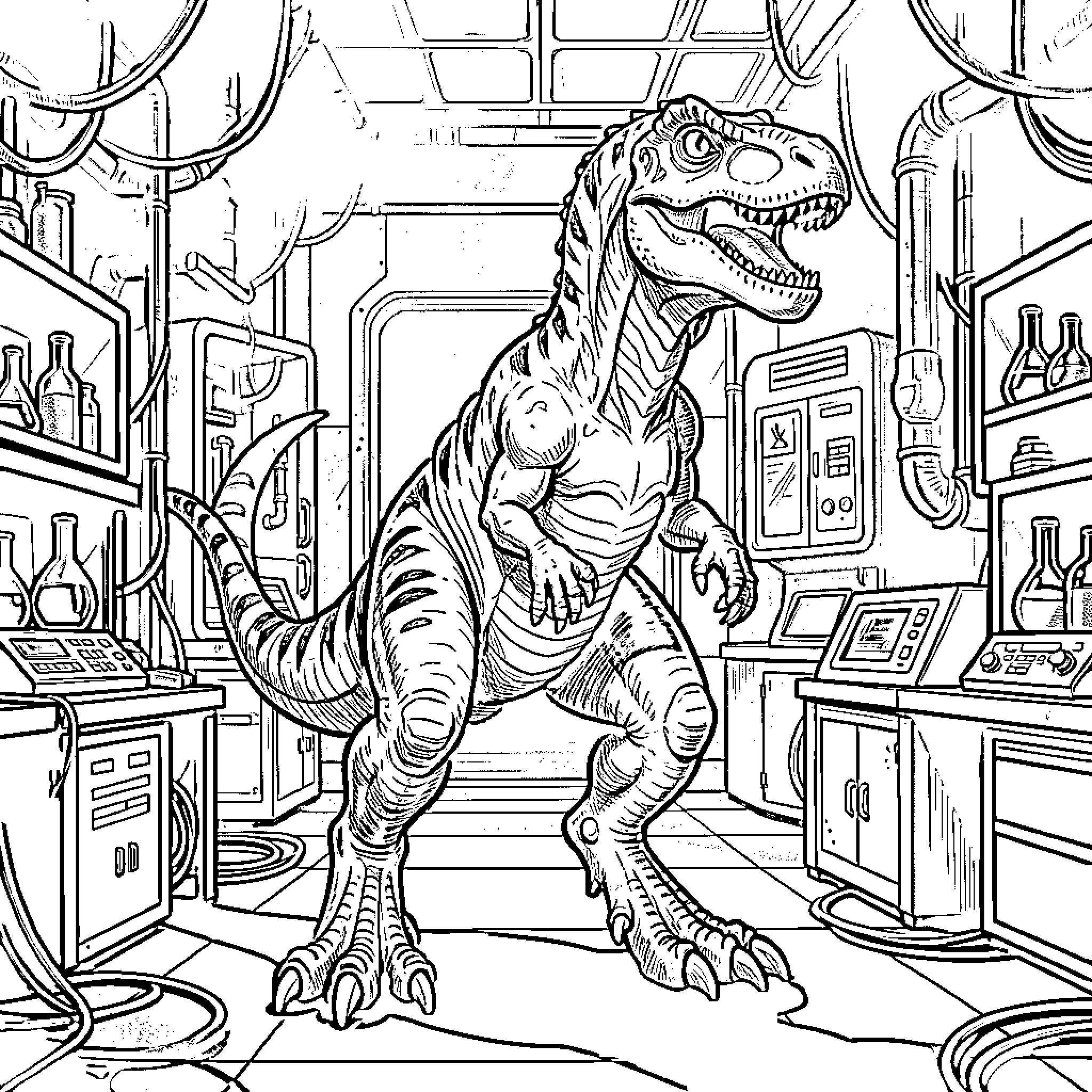 Indoraptor stalking through a laboratory Coloring Page (free black-and-white line drawing printable PDF for all, from beginners to advanced learners, including children, teens, adults, and seniors)