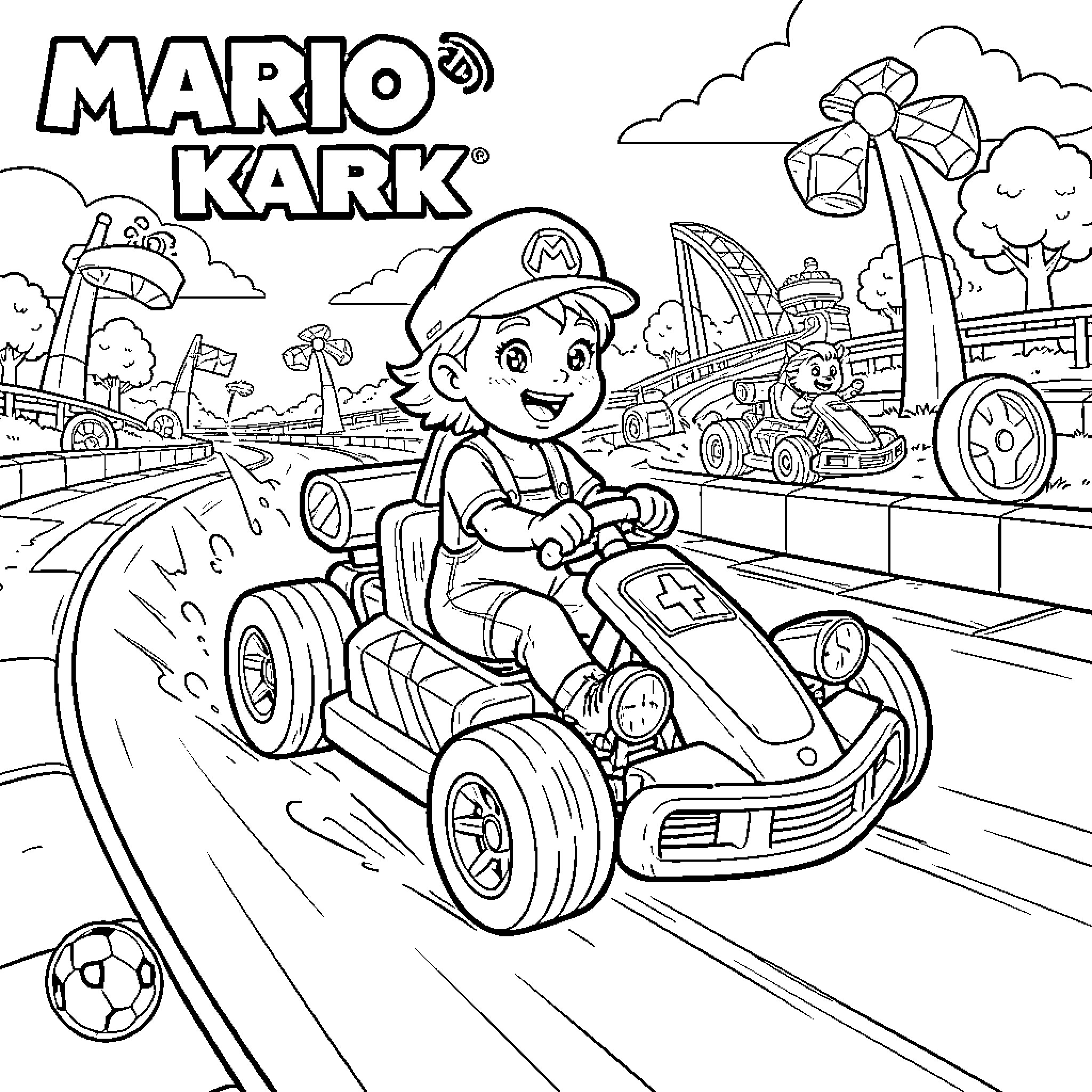 Baby Girl Enjoying Thrilling Go-Kart Race Coloring Page (free black-and-white line drawing printable PDF for all, from beginners to advanced learners, including children, teens, adults, and seniors)