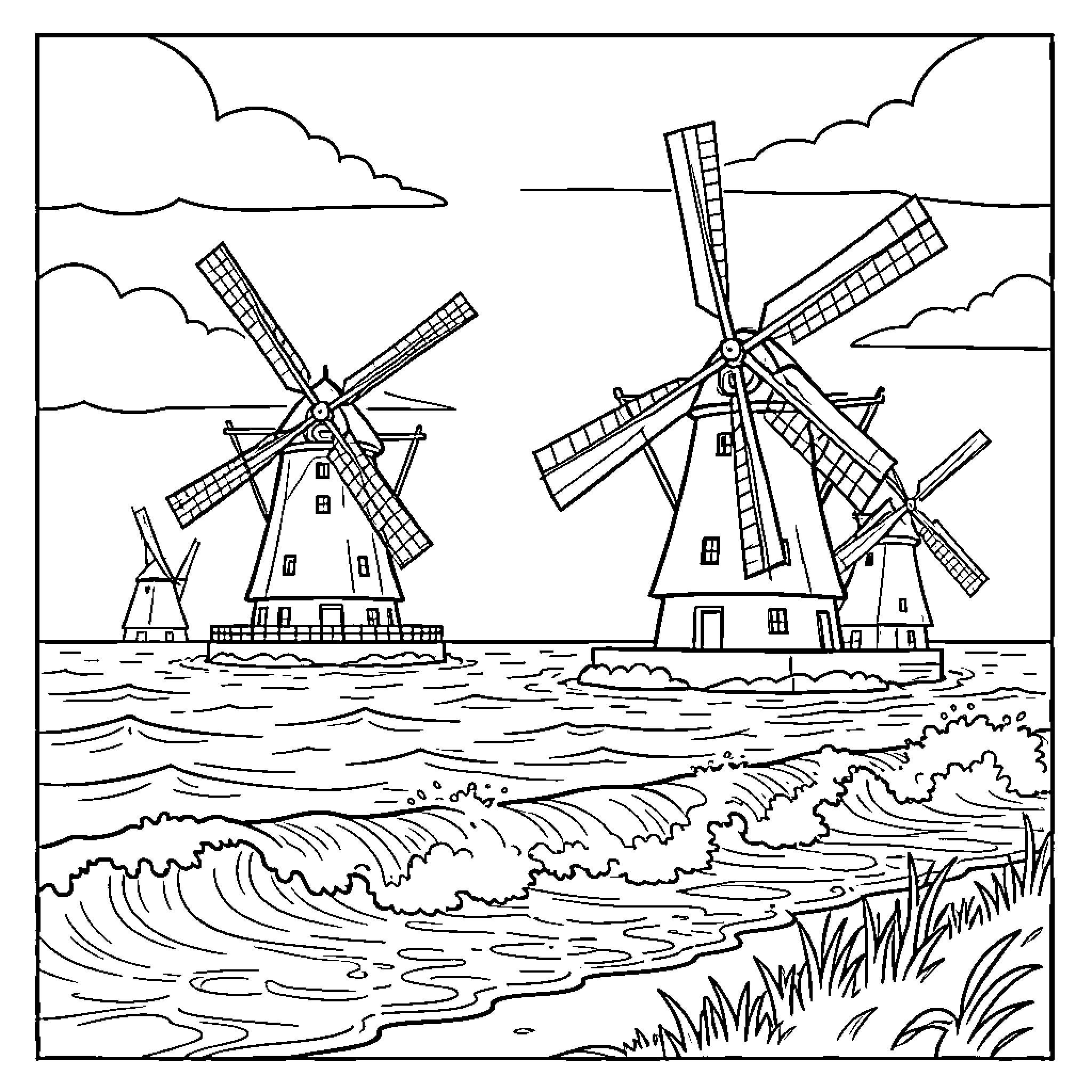 Windmill structures standing tall amidst ocean waves Coloring Page (free black-and-white line drawing printable PDF for all, from beginners to advanced learners, including children, teens, adults, and seniors)