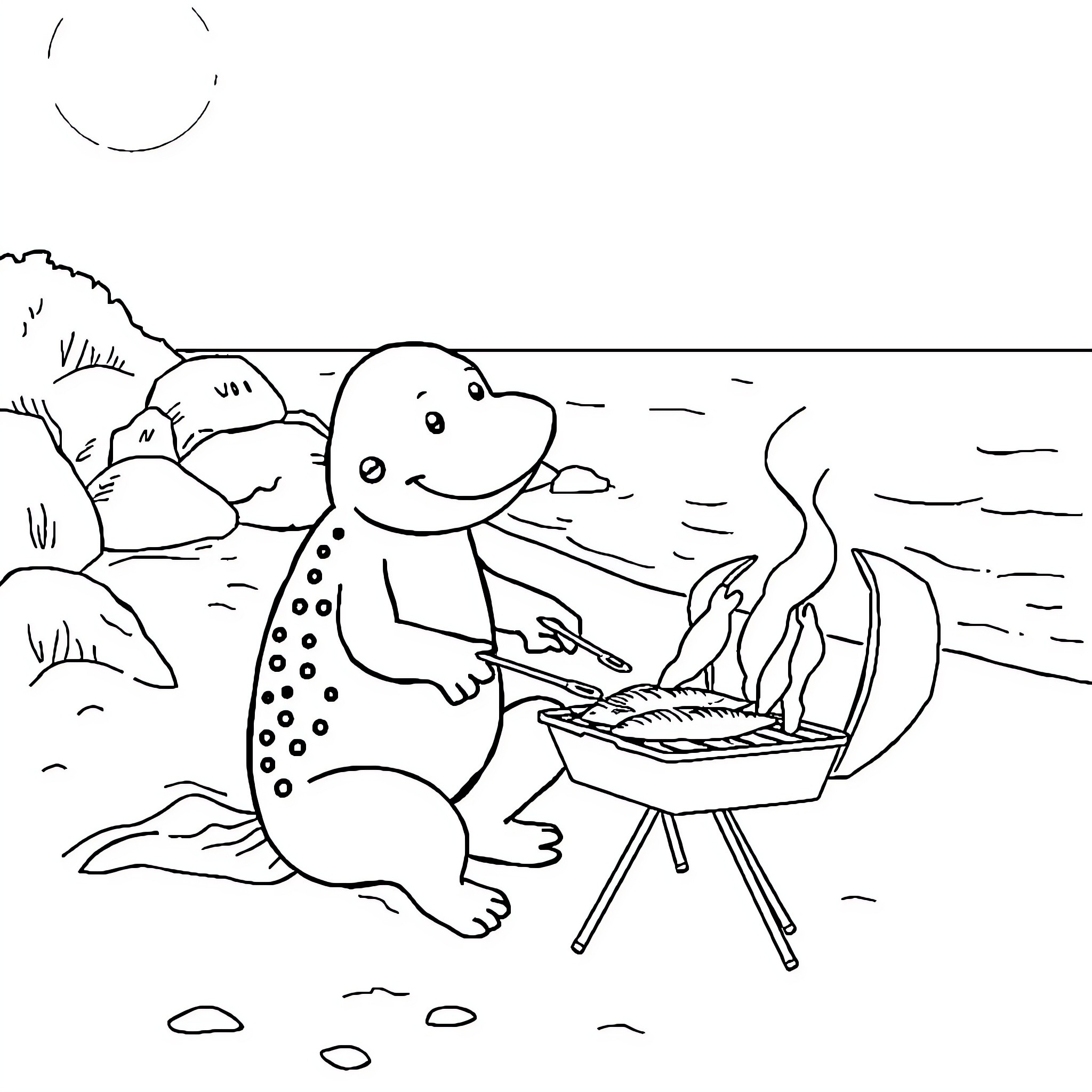 Raiponce cooks sausages over a campfire by the lake Coloring Page (free black-and-white line drawing printable PDF for all, from beginners to advanced learners, including children, teens, adults, and seniors)