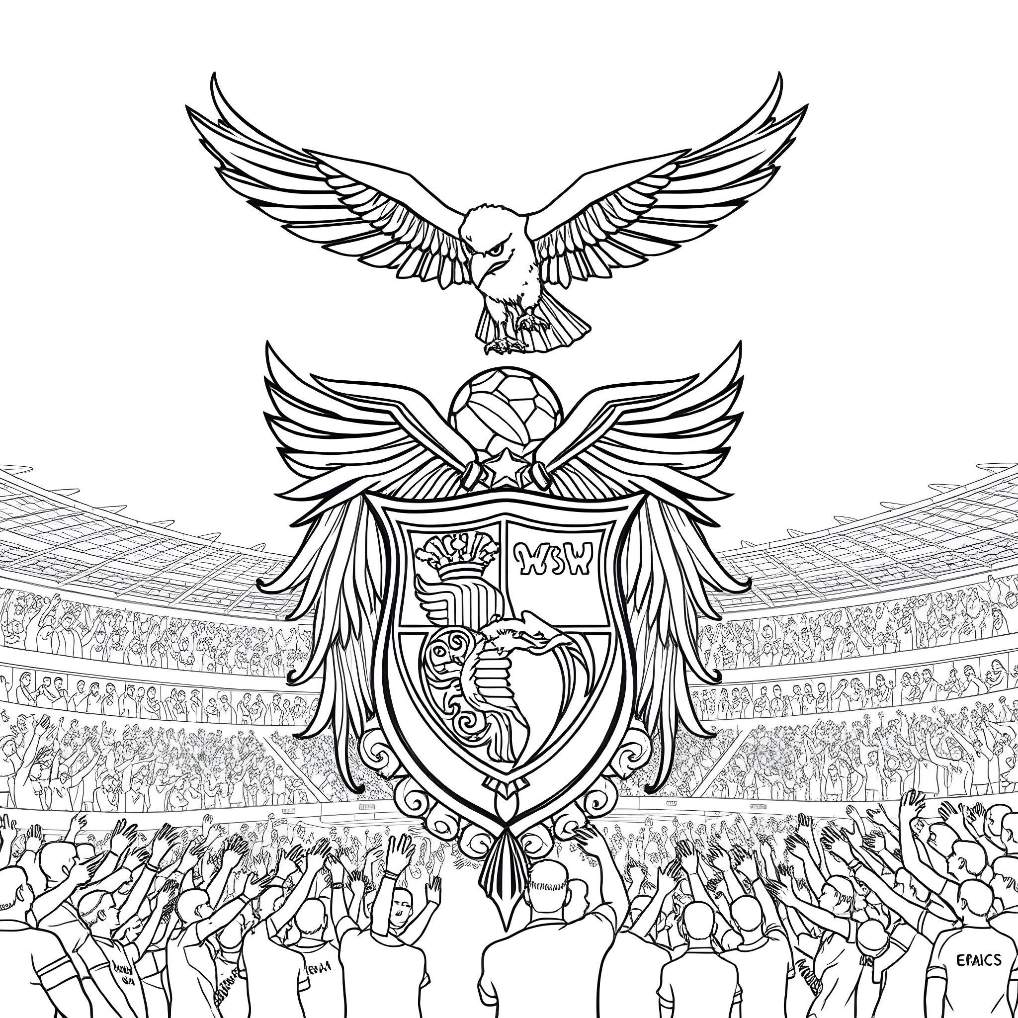 Benfica's Majestic Eagles Soar Proudly in the Stadium Coloring Page (free black-and-white line drawing printable PDF for all, from beginners to advanced learners, including children, teens, adults, and seniors)