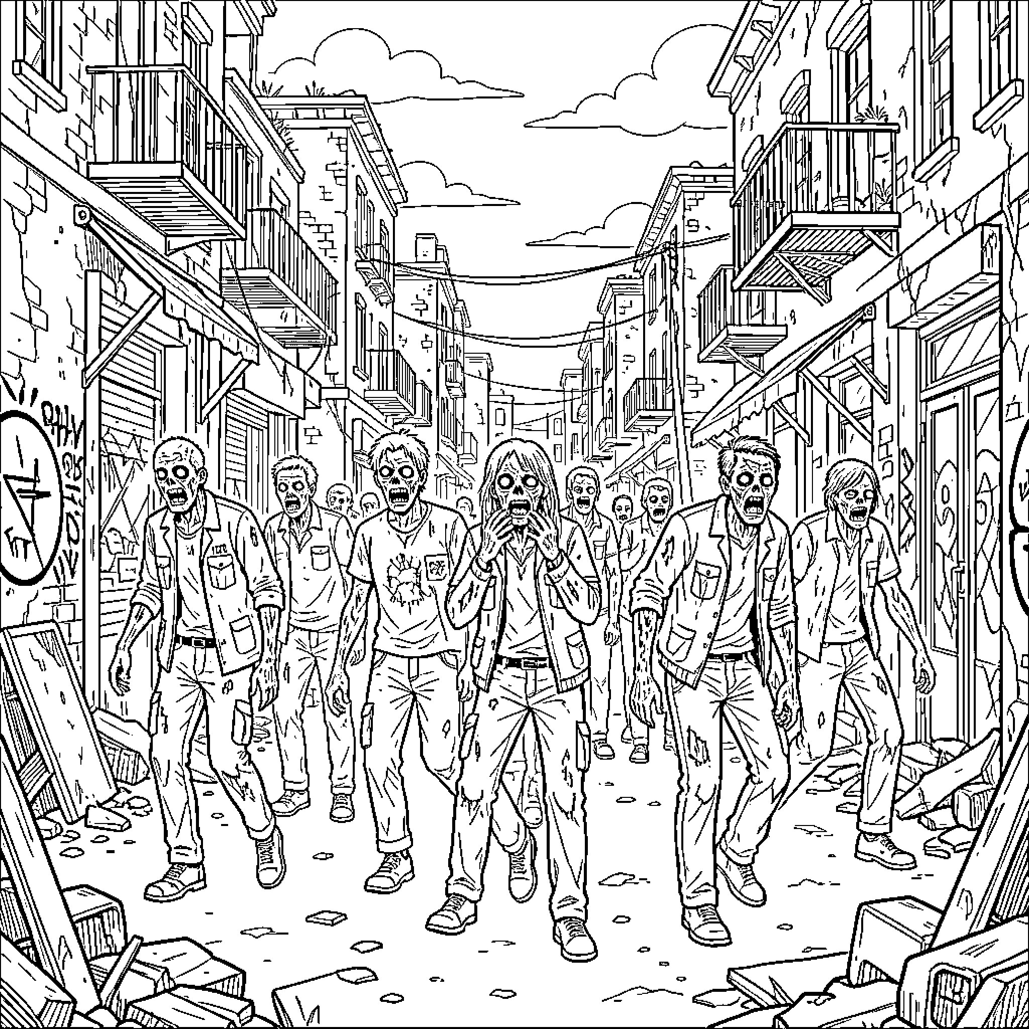 Zombie horde walking through a destroyed city street Coloring Page (free black-and-white line drawing printable PDF for all, from beginners to advanced learners, including children, teens, adults, and seniors)