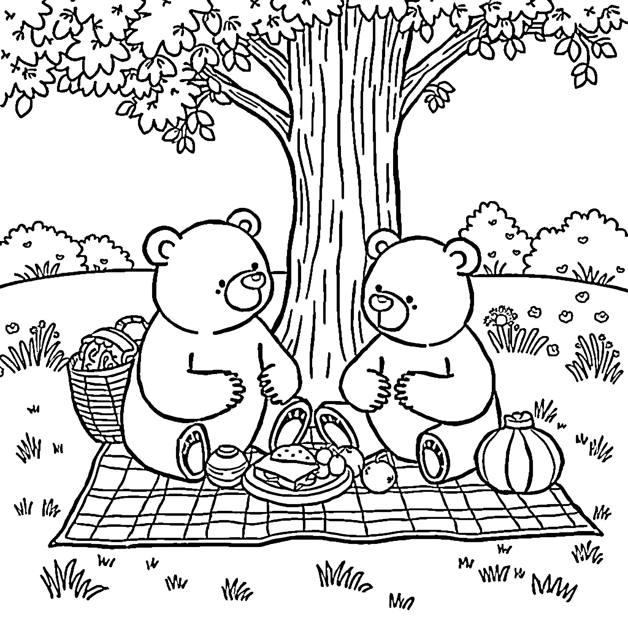 Bear picnicking happily under a tree Coloring Page (free black-and-white line drawing printable PDF for all, from beginners to advanced learners, including children, teens, adults, and seniors)