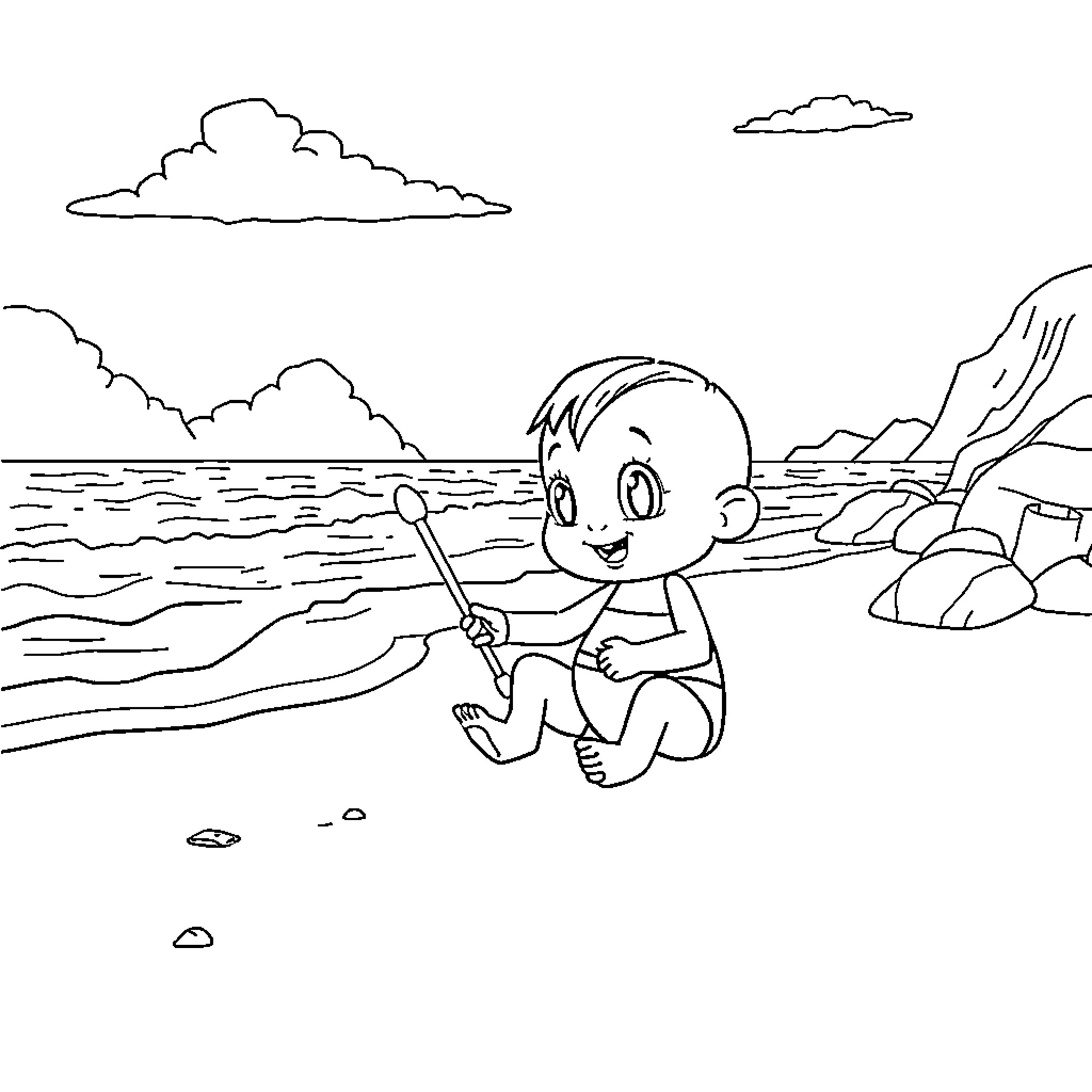 Labubu playing happily on the beach Coloring Page (free black-and-white line drawing printable PDF for all, from beginners to advanced learners, including children, teens, adults, and seniors)