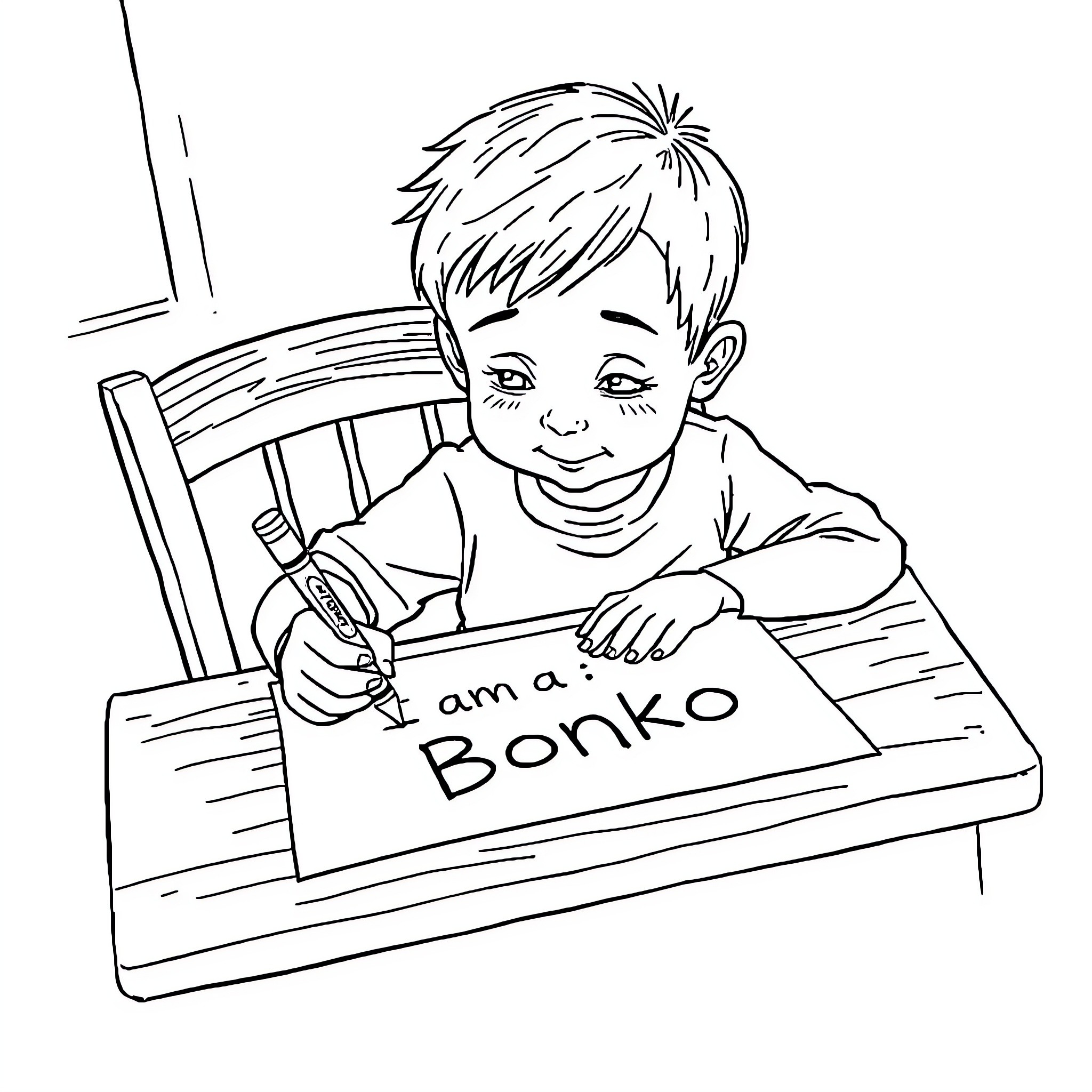 Boy Drawing on Desk with Cheerful Expression Coloring Page (free black-and-white line drawing printable PDF for all, from beginners to advanced learners, including children, teens, adults, and seniors)