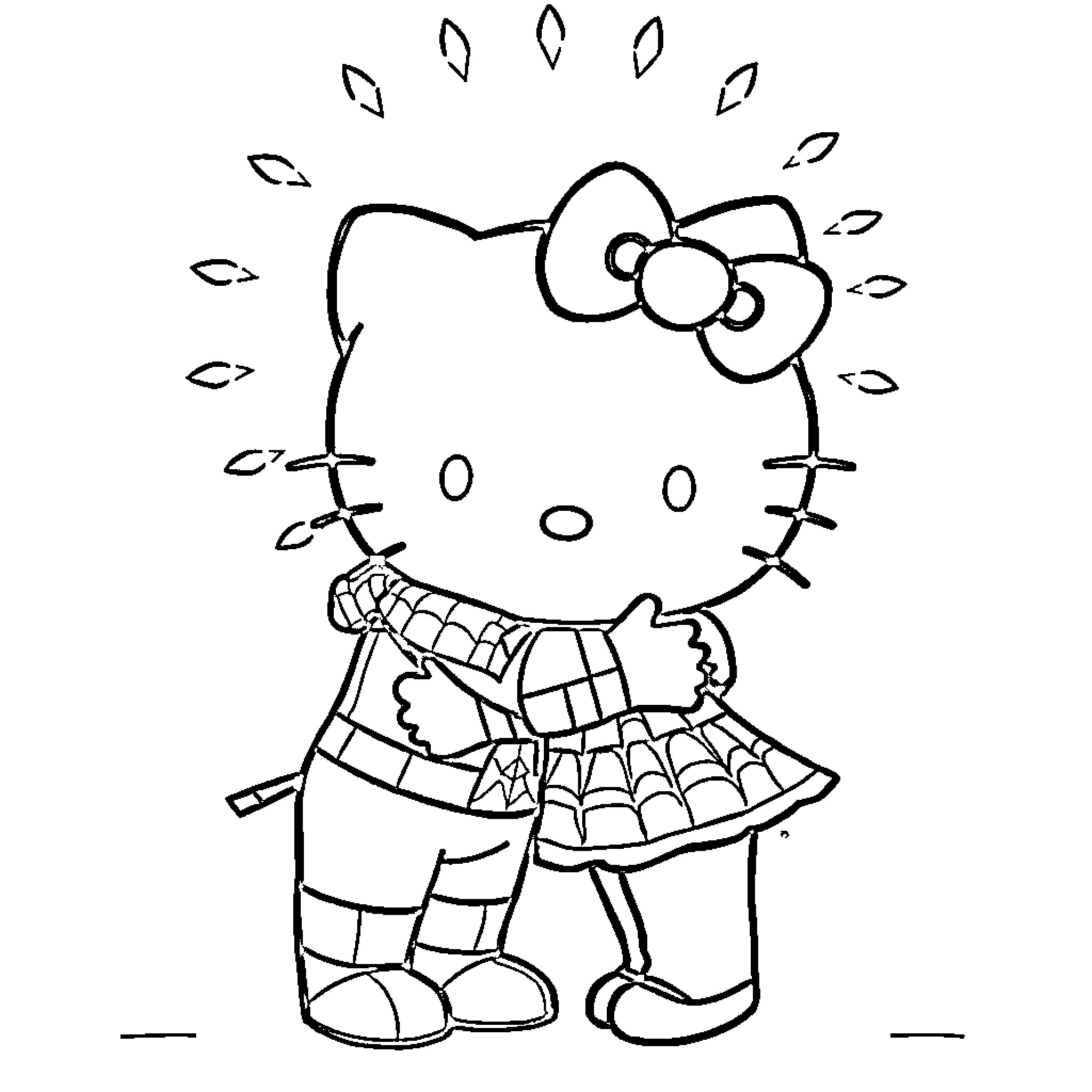Hello Kitty in a cozy outfit Coloring Page (free black-and-white line drawing printable PDF for all, from beginners to advanced learners, including children, teens, adults, and seniors)