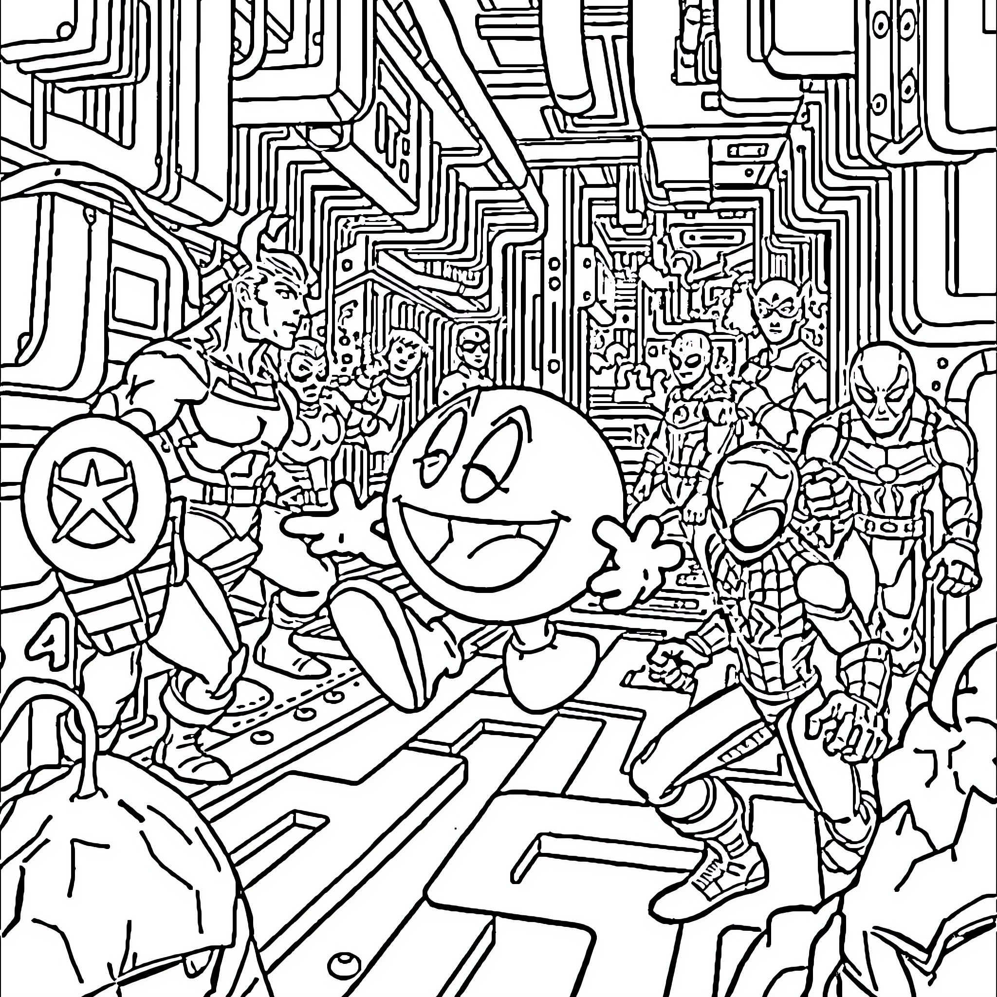 Pac-Man enjoying a busy comic book scene Coloring Page (free black-and-white line drawing printable PDF for all, from beginners to advanced learners, including children, teens, adults, and seniors)