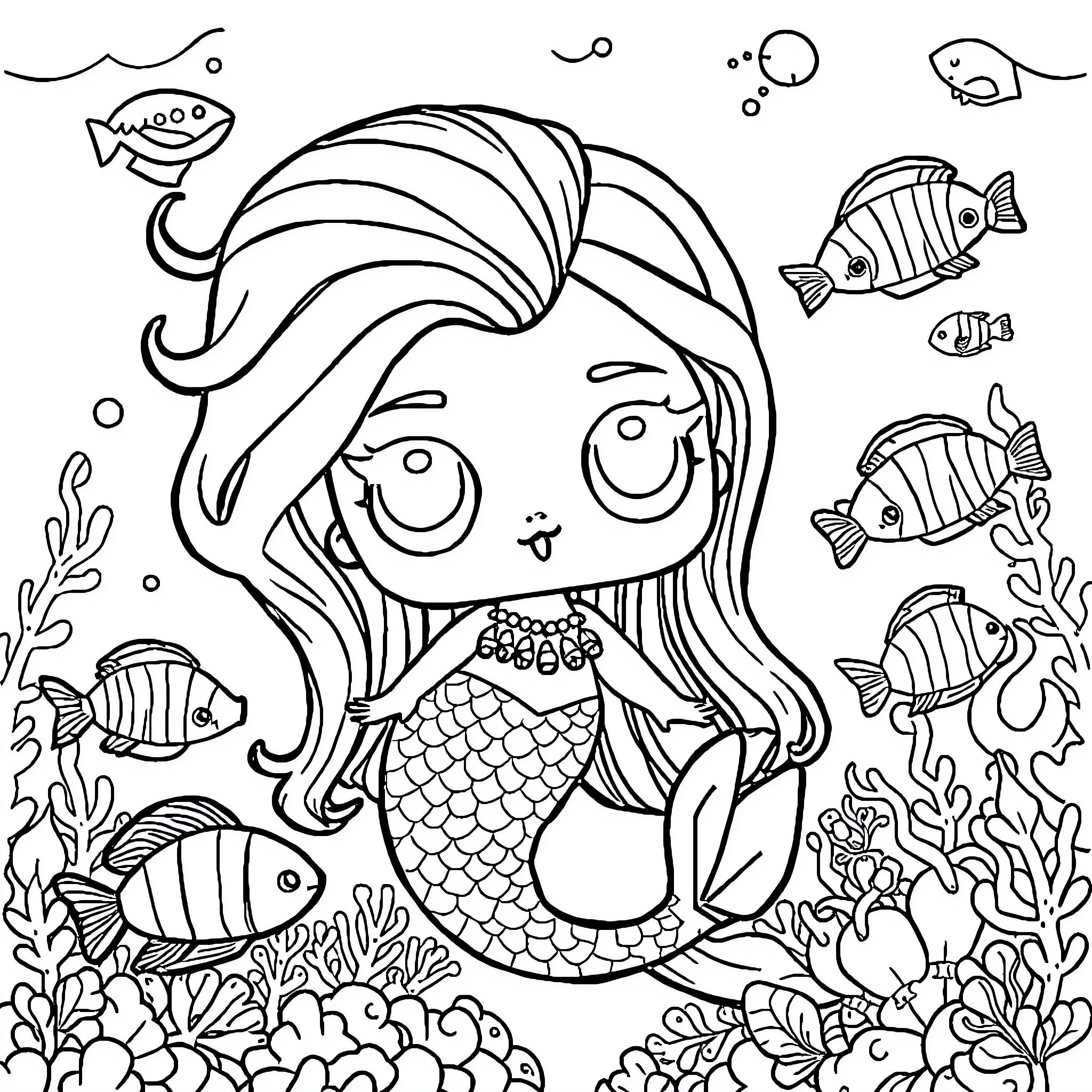 Lol Doll Mermaid Swimming with Friendly Fishes Coloring Page (free black-and-white line drawing printable PDF for all, from beginners to advanced learners, including children, teens, adults, and seniors)